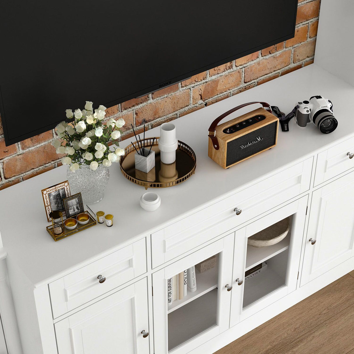 FAMAPY Large Entertainment Center with Bookshelves for TVs up to 60", Media Center with Doors and Shelves, TV Entertainment Center with Bridge, TV Hutch for Living Room White (104.3”W x 17”D x 82.3”H) FAMAPY