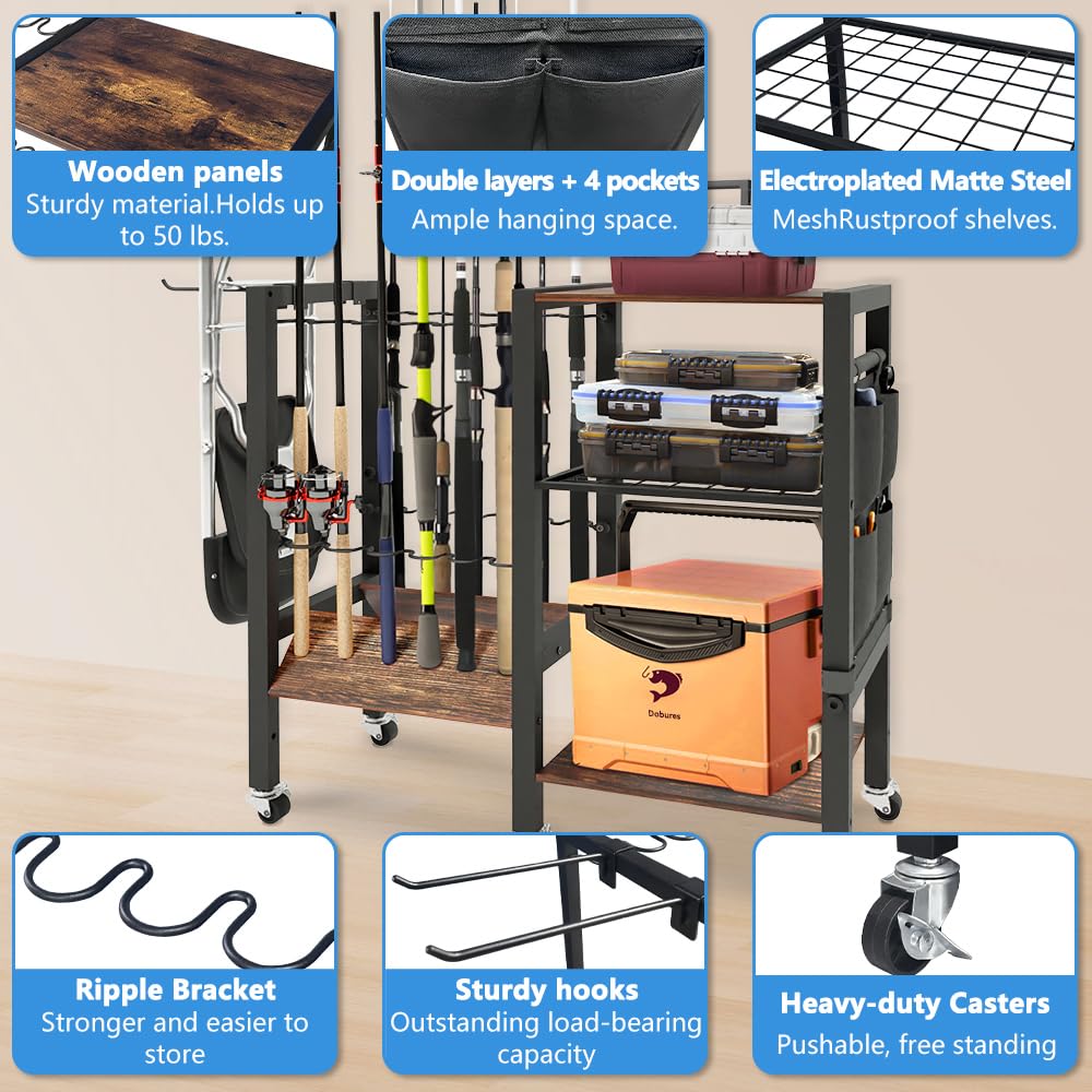 Dobures Fishing Rod Holder, 3-Tier Fishing Pole Rack, Fishing Equipment Organizer Tackle Storage Cart for Garage Organization, Holds up to 12 rods Dobures
