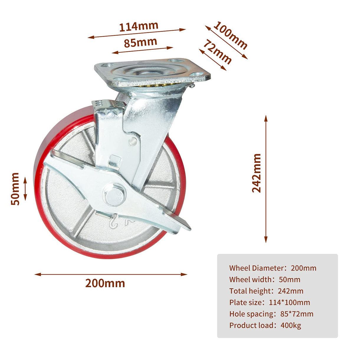 Nisorpa 8 inch Heavy Duty Caster Set of 4 Red Polyurethane Steel Caster Wheels Flat Free for Industrial Trailer Furniture - 2 with Brakes and 2 without Brakes Nisorpa