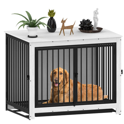 Derfullo Dog Crate Furniture, Large Dog Crate Furniture, Wooden Cage Kennel Furniture Indoor, Modern Dog Crate with Multi-Purpose Removable Tray, Double-Doors Dog Furniture, End table dog crate, White