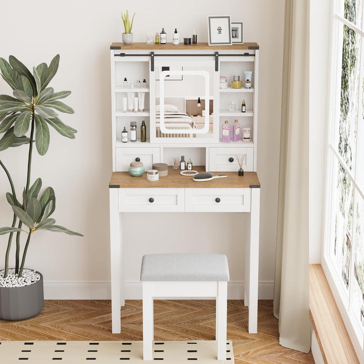 ARTETHYS Vanity Desk with Slide Mirror and Lights Farmhouse Makeup Vanity Set with Chair Small Dressing Table with Drawer for Bedroom, White and Brown ARTETHYS