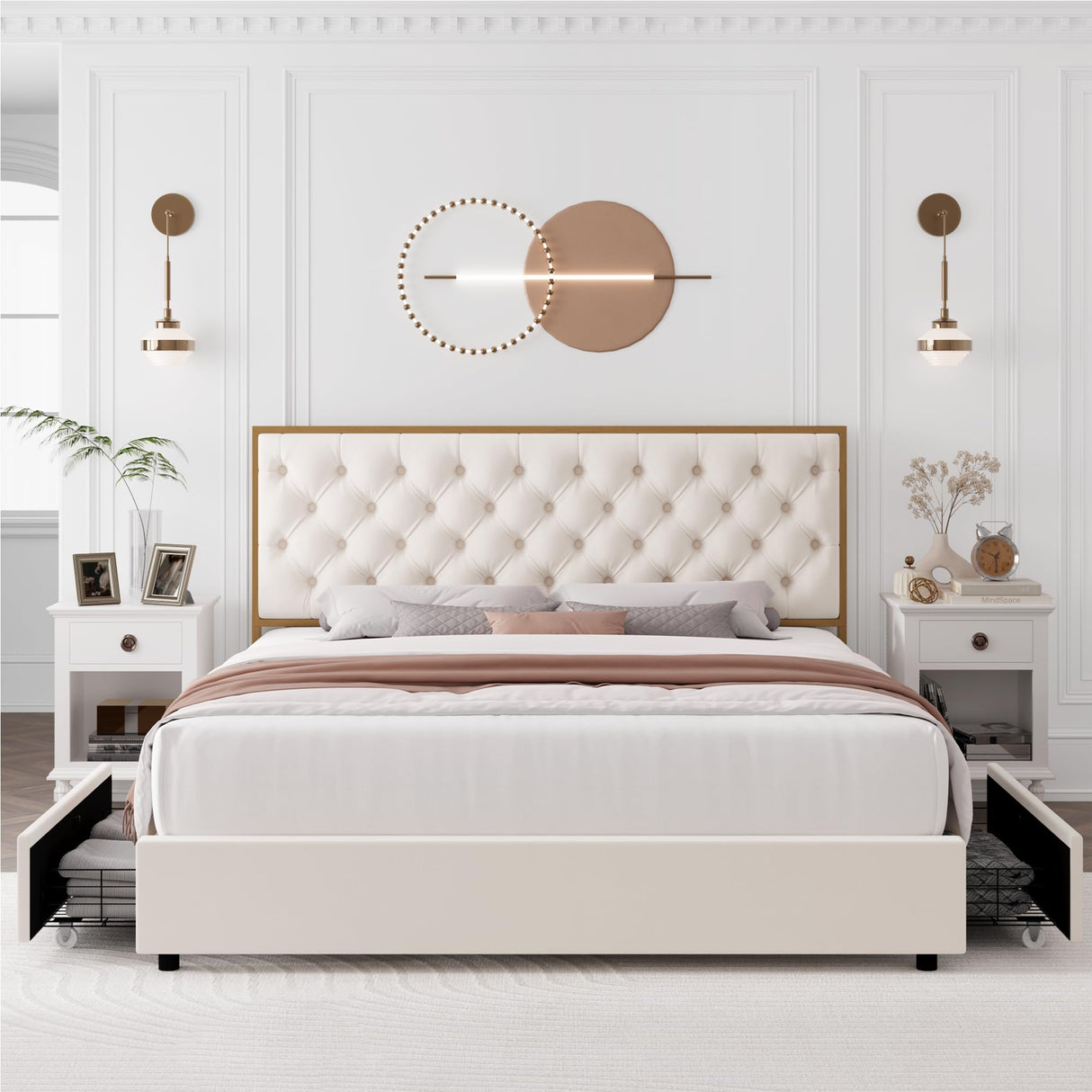 HIFIT Full Upholstered Bed Frame with 4 Storage Drawers and Handmade Button Tufted Headboard, Modern Velvet Full Size Platform Storage Bed with Solid Wooden Slat, No Box Spring Needed, Golden & Beige HIFIT