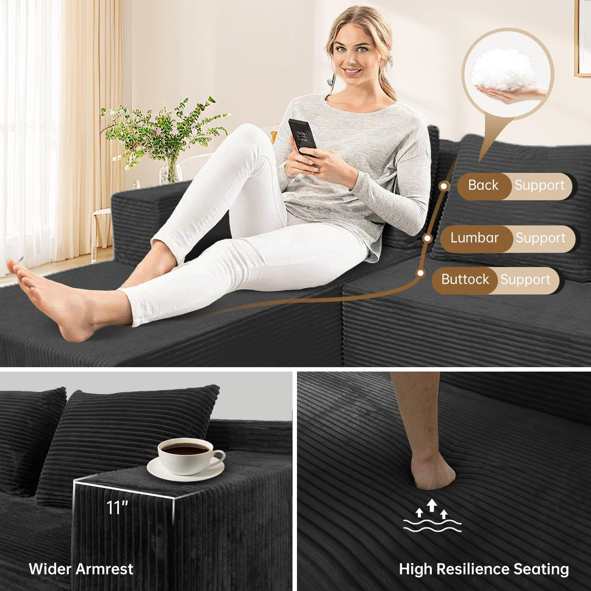 ANONER 103" Modular Sectional Sofa, L-Shaped Cloud Couch with Chaise, Corner Sofa with Deep Seat, Modern Minimalist Boneless Couch, Sectional Couches for Living Room, Apartment (Dark Grey) ANONER