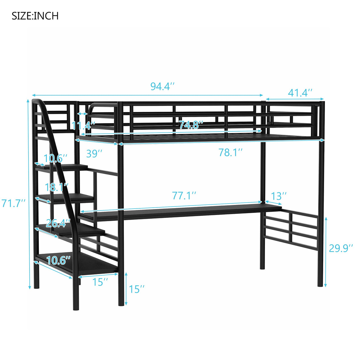 SOFTSEA Heavy Duty Twin Metal Loft Bed with Stairs and Integrated Desk SOFTSEA