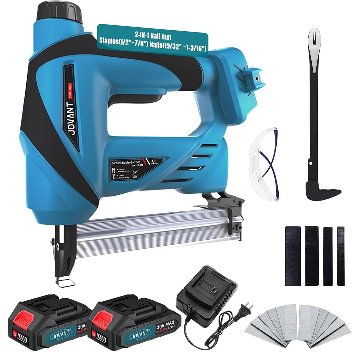 Nail Gun Battery Powered, Cordless Nail Gun with 2 * 2.0Ah Li-ion Battery, 20V 2 in 1 Electric Nail Gun with Staple Remover, Battery Nail Gun for Upholstery, Small Projects and Woodworking jovant