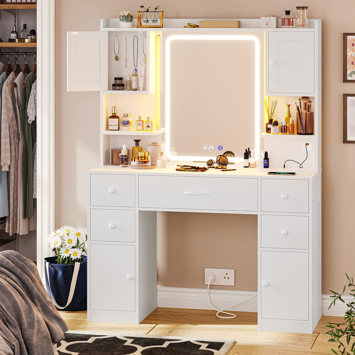 Tiptiper Large Vanity Desk with Mirror and Lights, Makeup Vanity with Lights and Charging Station, Vanity Table with Smart Mirror with Time Display, Makeup Table with 5 Drawers, White Tiptiper