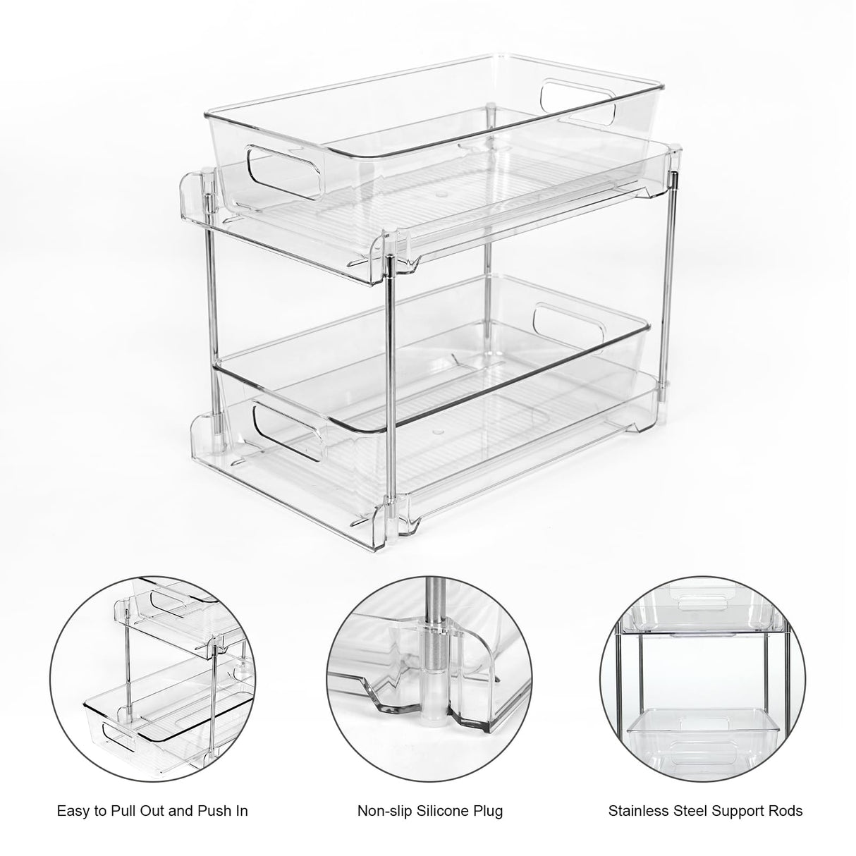 1 Pack 2-Tier Bathroom Organizers and Storage, Clear Under Sink Organizer Vanity Countertop Storage Pantry Organizers, Pull-Out Cabinet Organizer With Track For Bathroom, Kitchen, Pantry COKIHOM