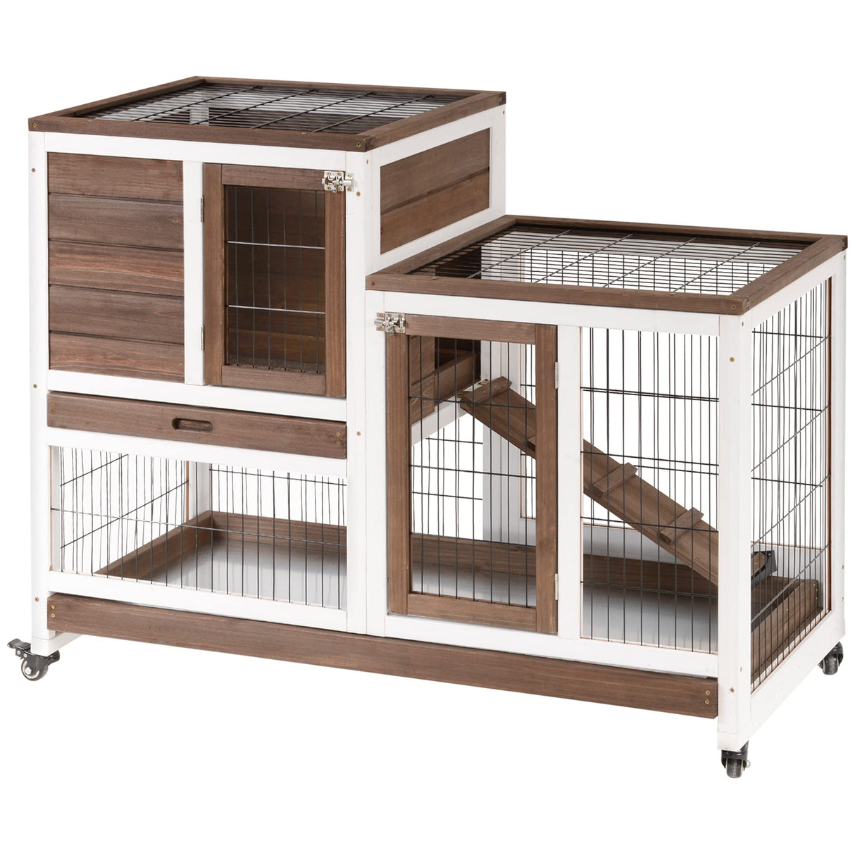 PawHut Wooden Rabbit Hutch Elevated Bunny Cage Indoor Small Animal Habitat with Enclosed Run with Wheels, Ramp, Removable Tray Ideal for Guinea Pigs, Brown PawHut