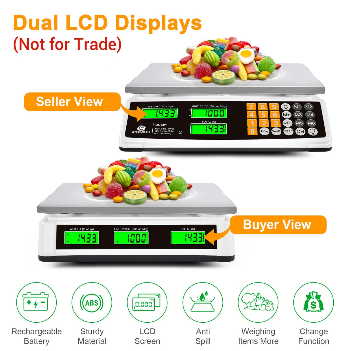 BROMECH Price Computing Scale 88lb/40kg Commercial Food Scale for Produce Meat Weighing, LCD Display and Green Bright Backlight for Farmers Markets, Meat Shop, Deli, (Not for Trade) BROMECH