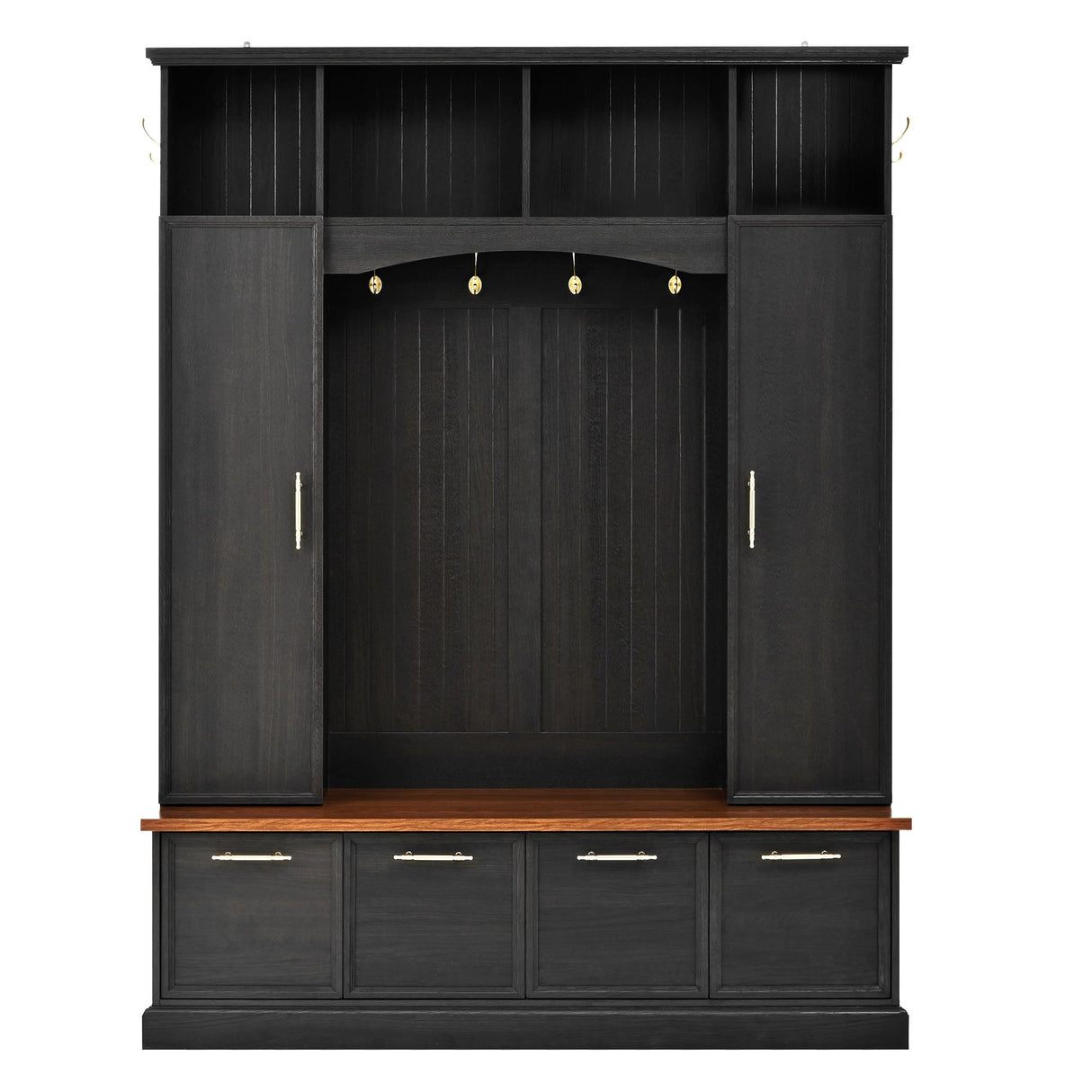 Merax 59" Farmhouse Hall Tree with Golden Hooks & Walnut Bench, Entryway Organizer with Adjustable Shelves, Shoe Storage, Anti-Tip for Mudroom, Living Room, Black Merax