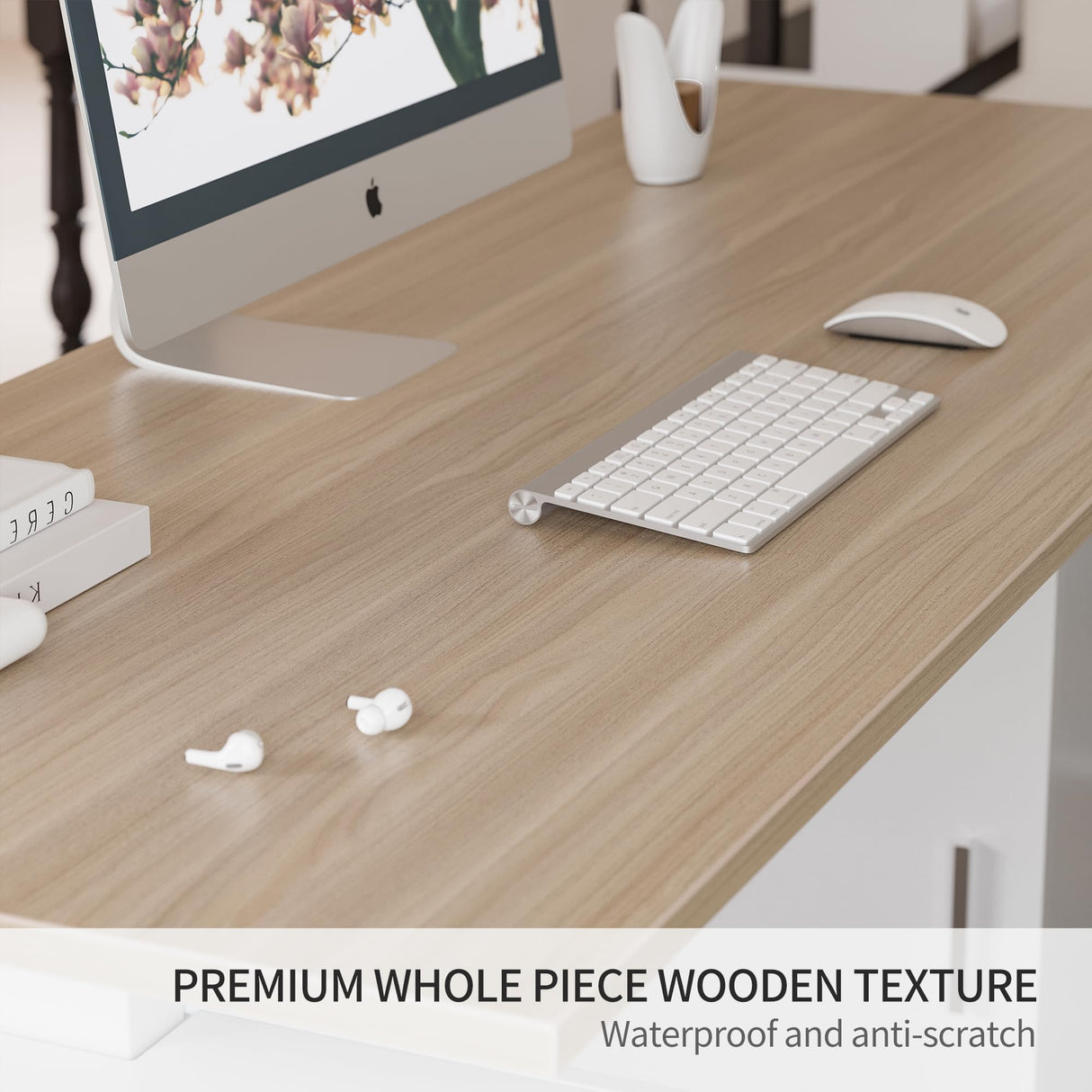 FEZIBO Electric Height Adjustable Stand up Desk for Home Office, 63" L Shaped Executive Standing Desk with 3-Drawer File Cabinet, Computer Desk with Storage Cabinets, White Frame/Light Walnut Top FEZIBO