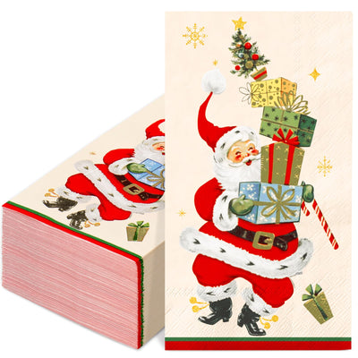 JarThenaAMCS 100Pcs Christmas Guest Napkin Vintage Santa Gift Box Disposable Paper Napkin Retro Dinner Hand Napkins for Thanksgiving Harvest Bathroom Supplies