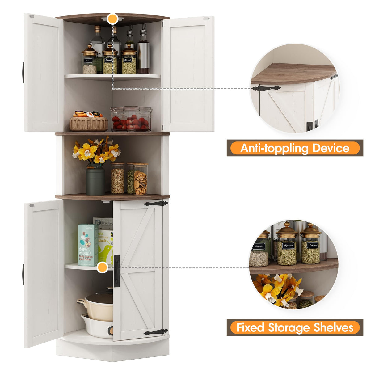 Vabches 64.8" Tall Farmhouse Corner Cabinet with 4 Doors and 5 Storage Shelves, Farmhouse Storage Cabinet with Barn Door Design, Home Space Saver for Living Room, Kitchen, Laundry Room,White Vabches