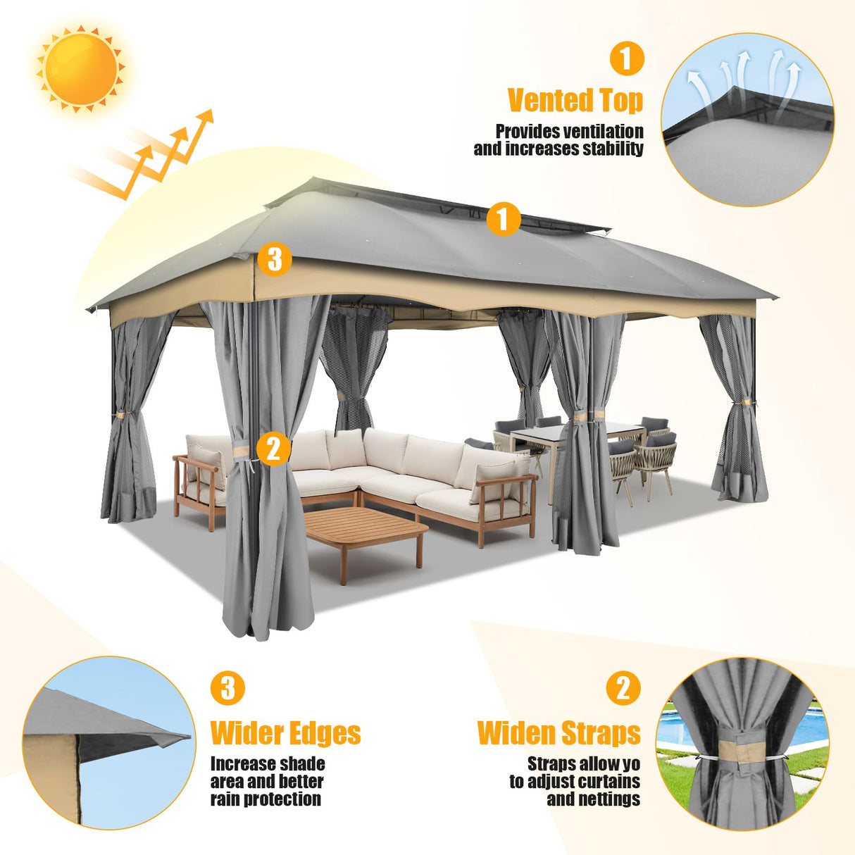 HOTEEL Gazebo 12x20, Outdoor Gazebo on Clearance with Double Ventilated Flat Roof, Privacy Curtains & Mosquito Netting, Easy Set up Canopy Tent with Stable Metal Frame for Patio, Gray (Upgraded 2.0) Hoteel