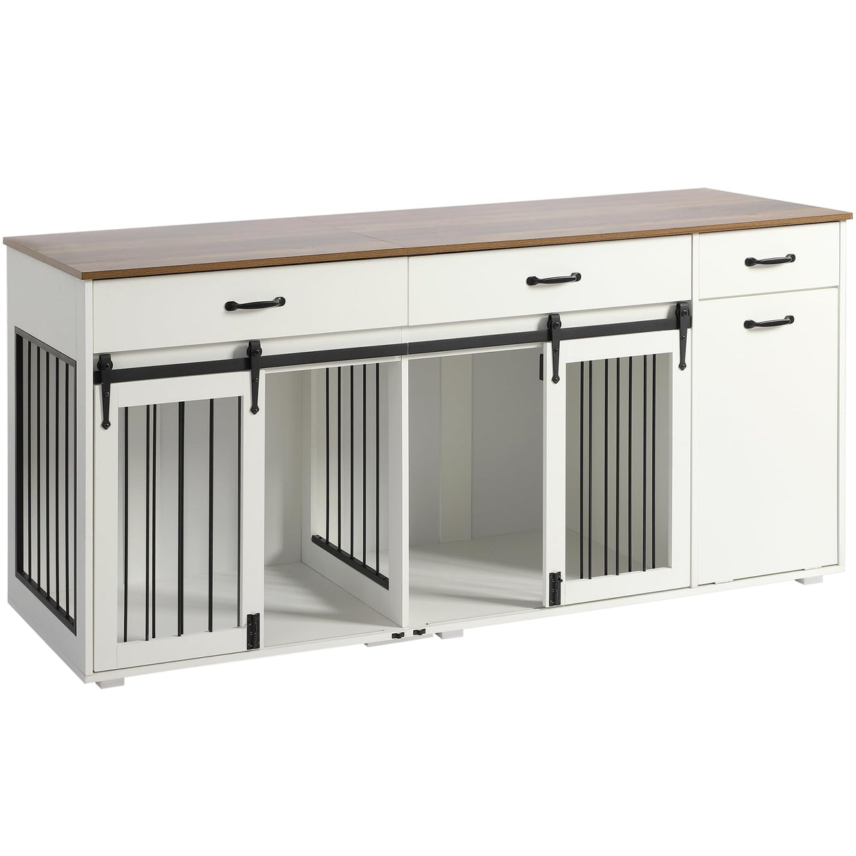 71" Furniture Dog Crate for 2 Dogs, Double Dog Furniture Crate, Furniture Dog Cage Indoor for Large Medium Small Dogs, Wood Dog Kennel with Tilt Out Cabinet, Drawers, Divider and Sliding Door, White LOUVIXA