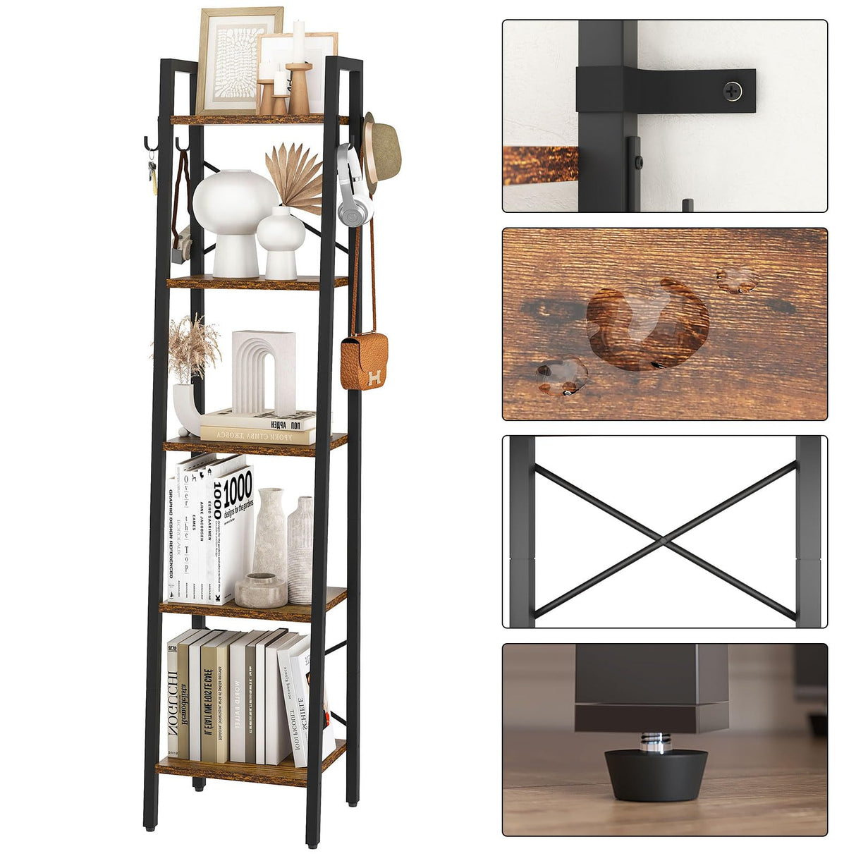 YMYNY 5 Tiers Ladder Bookcase, Industrial Narrow Bookshelf, Open Display Rack with 4 S Hooks, Metal Storage Shelves for Bedroom, Home Office, Living Room, Rustic Brown, 63H*13.4L*11.8W, UHBC025H