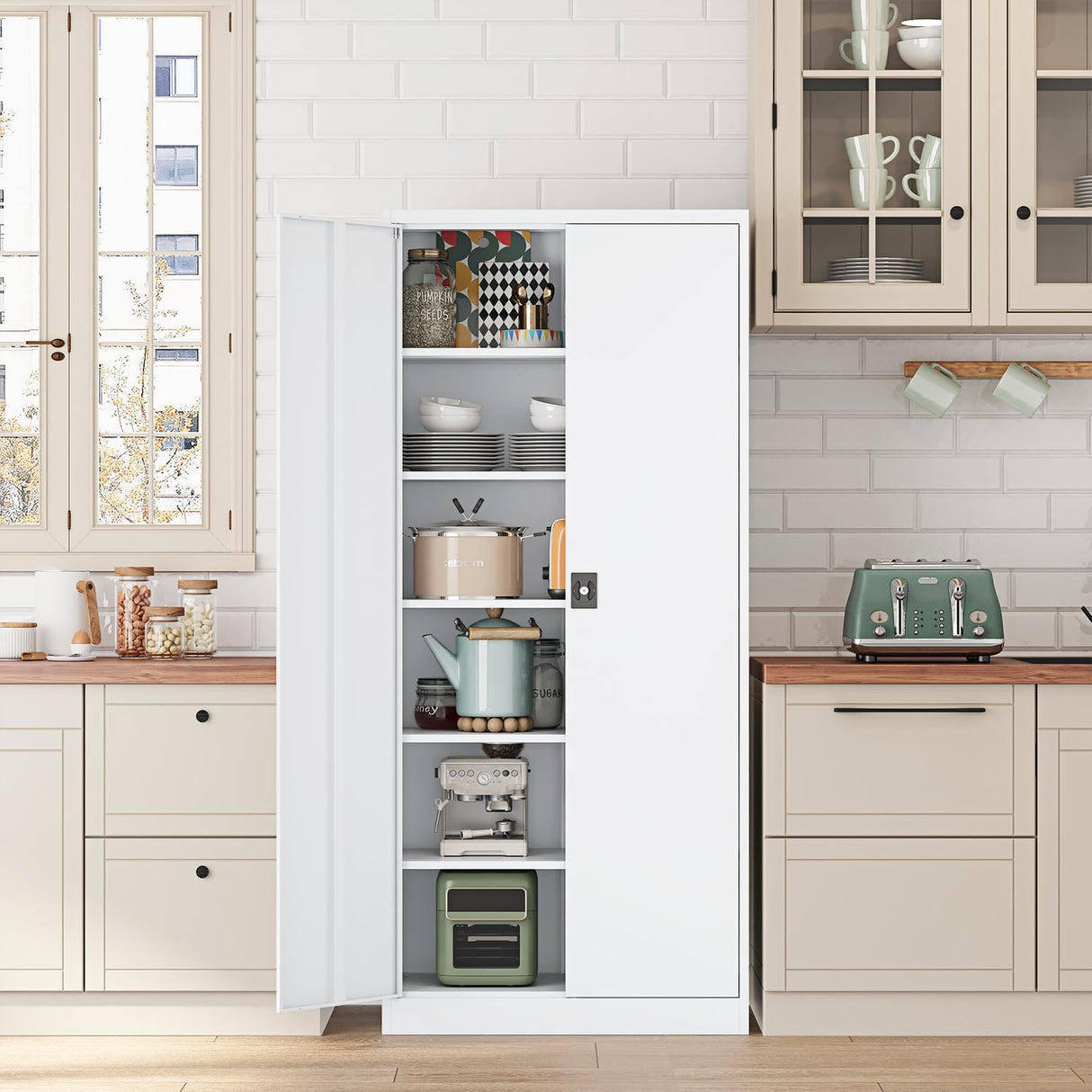 Fesbos Metal Storage Cabinet-72” Tall Steel File Cabinets with Lockable Doors and Adjustable Shelves-White Steel Storage Cabinet for Kitchen, Office, Garage Fesbos