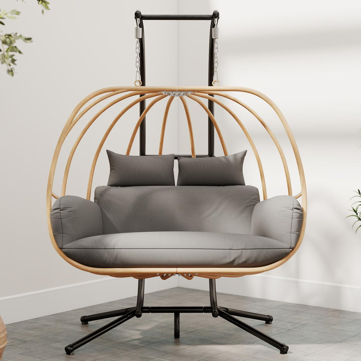 DAYAOUTDOOR Double Egg Chair with Stand, Oversized Egg Chair Outdoor, 2-Person Hanging Eggs Chairs, 600Lbs Sturdy Loveseat Swinging Chair for Balcony, Patio, Deck, Grey DAYAOUTDOOR