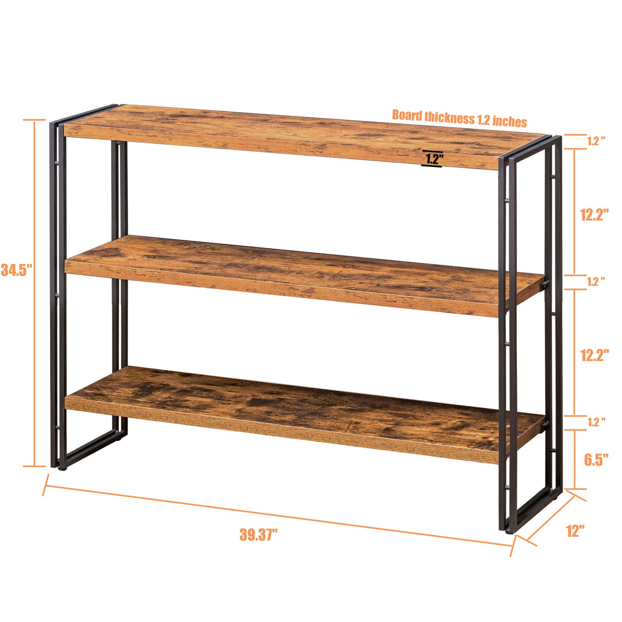 BCLOUDNEST Bookshelf, 3 Tier Horizontal Bookcase, Industrial Book Shelf for Living Room, Home Office, Kitchen, Rustic Brown BCLOUDNEST