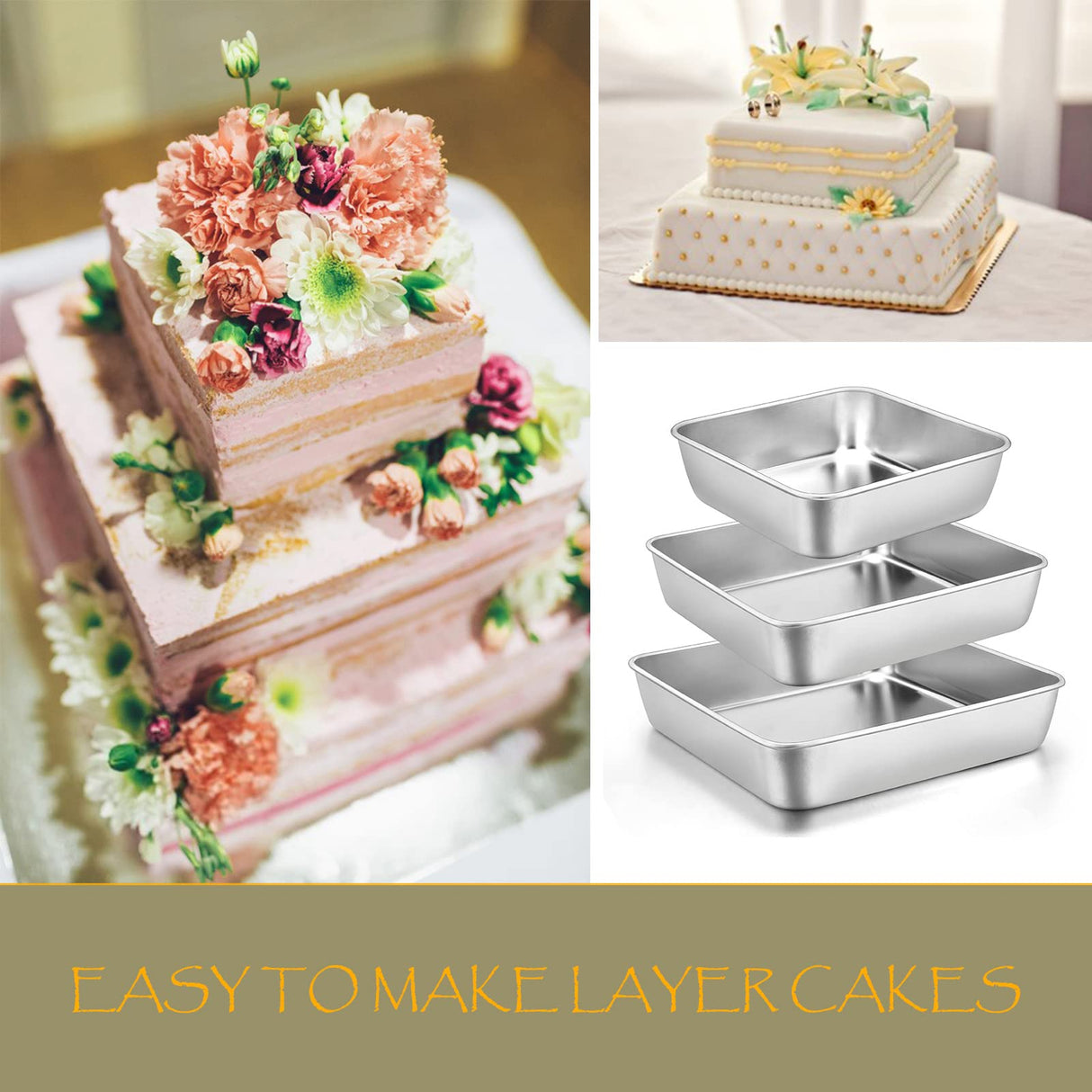 E-far 6/8/9-Inch Square Cake Pan Set, Stainless Steel Square Baking Brownie Pans Metal Bakeware Set of 3, Non-toxic & Healthy, Easy Clean & Dishwasher Safe E-far