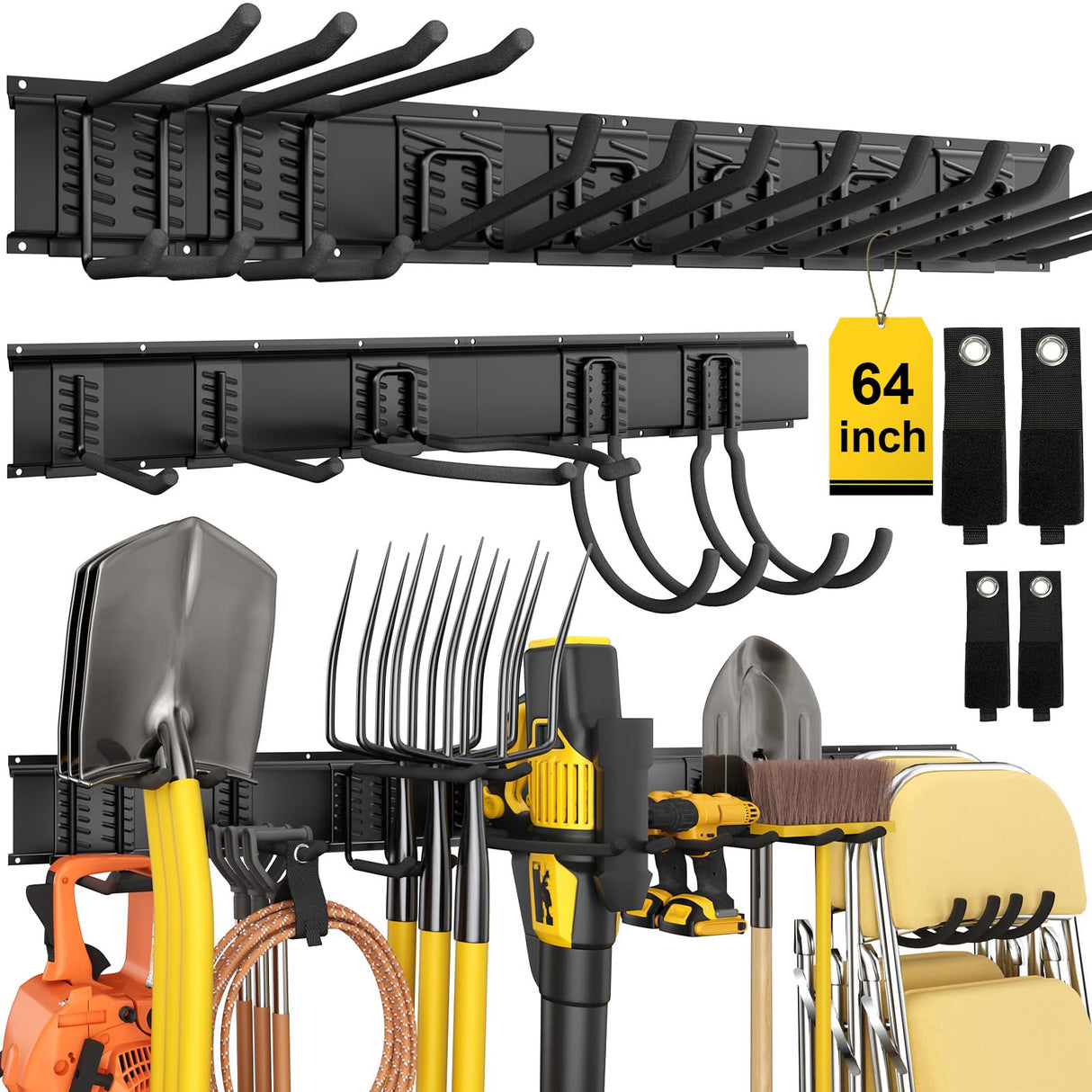 YZSFMZGE 64" Garage Tool Organizer Wall Mount, 850lbs Garden Tool Organizer with 12 Adjustable Hooks, Heavy Duty Garage Tool Storage Rack for Yard, Shed (4 Racks, 12 Hooks, 4 Straps) YZSFMZGE