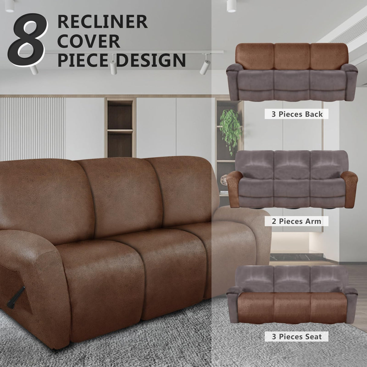 molasofa Recliner Sofa Covers - Leather Like Recliner Sofa 3 Seater Recliner Couch Covers for 3 Cushion Couch 8 Pieces Washable Stretch Reclining Sofa Slipcovers (Brown) molasofa