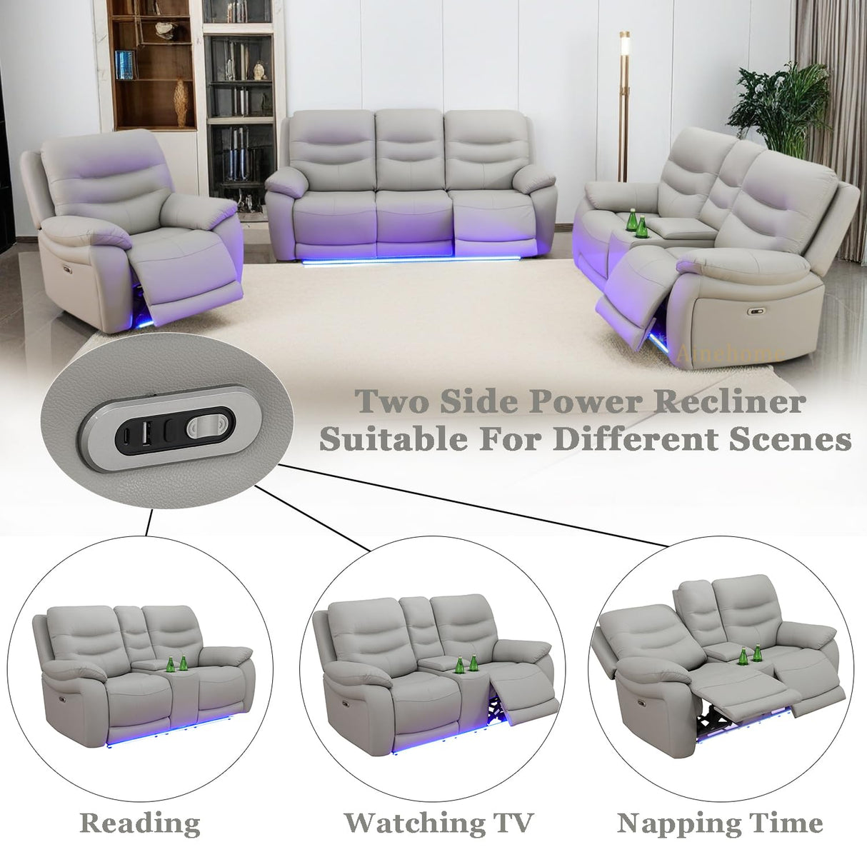A Ainehome LED Power Recliner Sofa for Living Room Furniture Set, Leather Sectional Sofa Set, Reclining Sofa and loveseat with USB Port/Storage Console/Cup Holders(Grey 3-Piece Set) A Ainehome