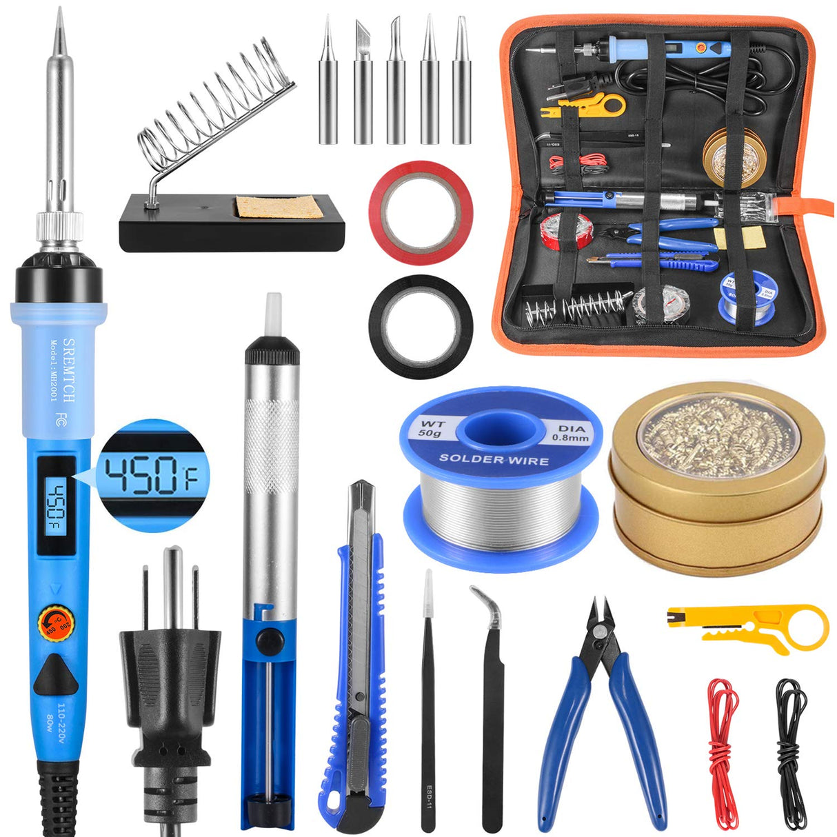 Electronics Soldering Iron Kit, SREMTCH 80W LCD Digital Soldering Gun with Adjustable Temperature Controlled and Fast Heating Ceramic Thermostatic Design, ON-Off Switch 20pcs Solder Kit Welding Tool SREMTCH
