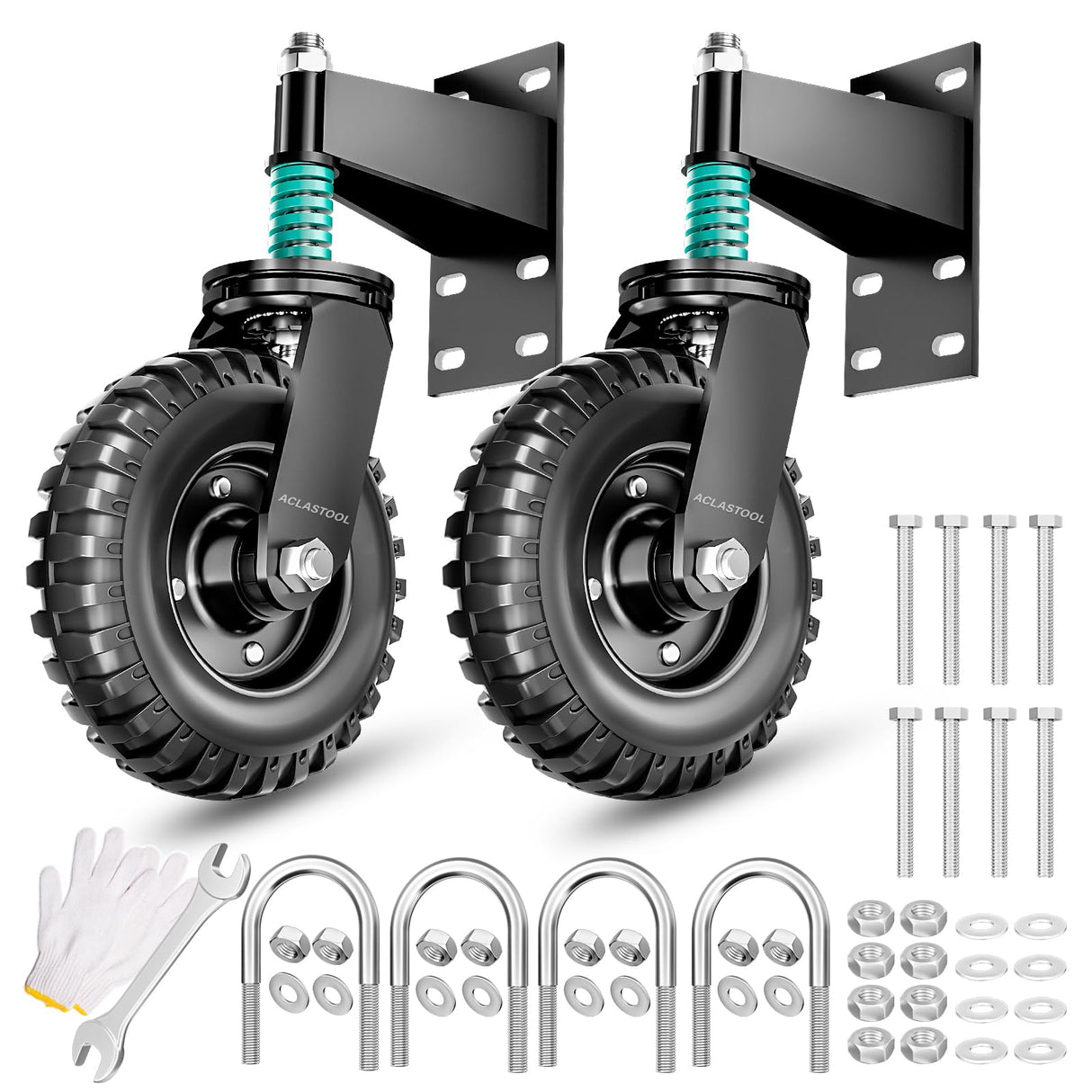 Aclastool Gate Wheel, 8 Inch Spring-Loaded Heavy Duty Caster for Metal Tube & Wooden Gates, 700 lbs Capacity, Black, 2 Pack Aclastool