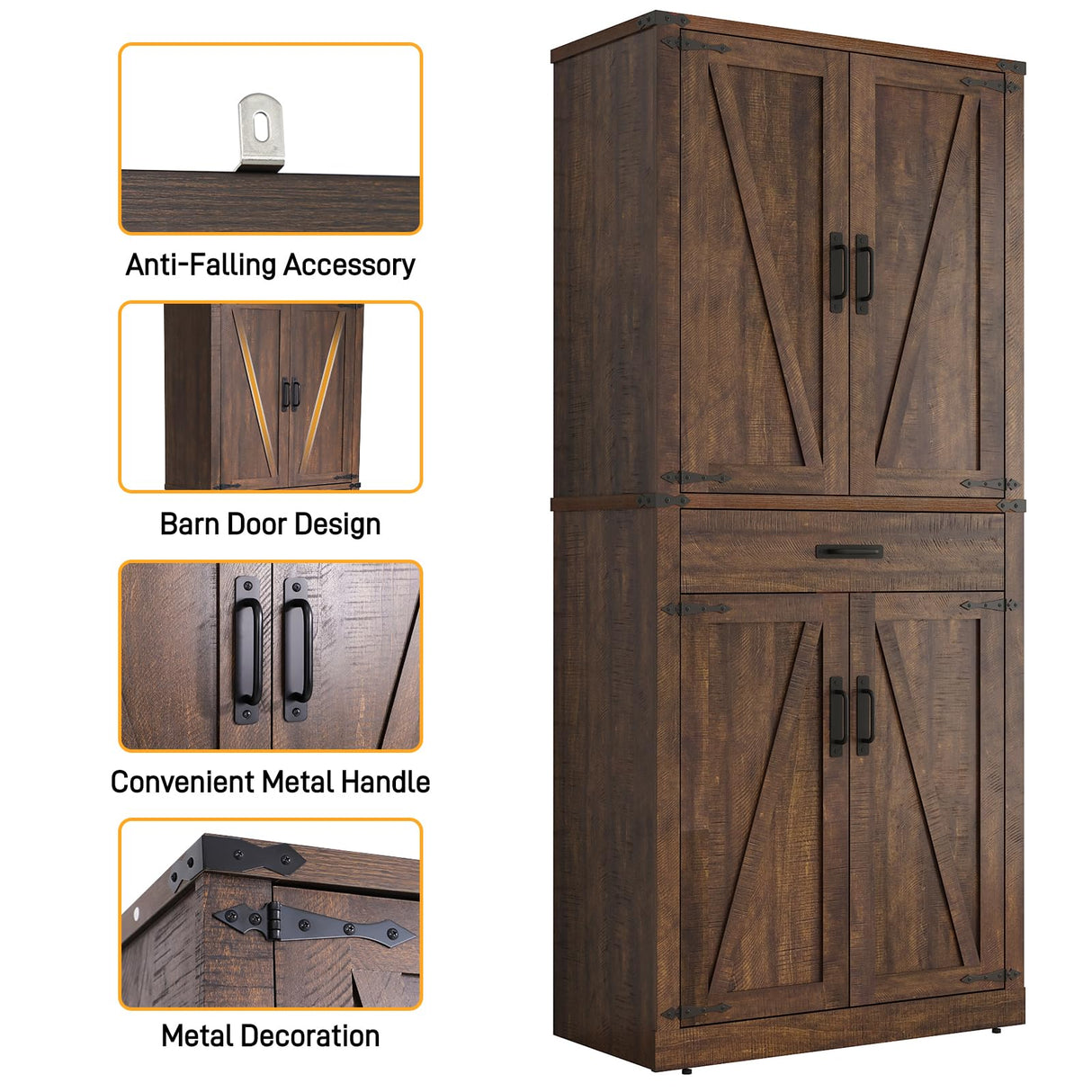 Hlivelood 72" Tall Farmhouse Kitchen Pantry Cabinet with Drawer, Rustic Wood Cupboard Storage Cabinet w/Organizer and 4 Barn Doors, Storage Cabinet for Kitchen, Dining Room, Living Room, Brown Hlivelood