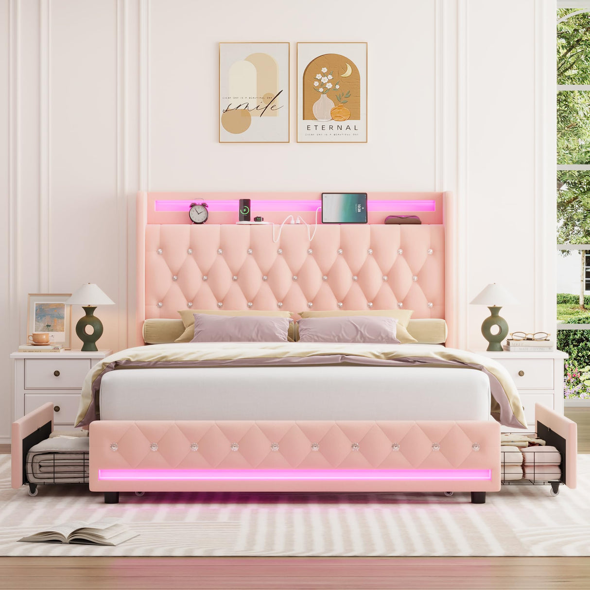 HIFIT Upholstered Full Size LED Bed Frame with Charging Station & 4 Storage Drawers, Velvet Crystal Button-Tufted Wingback Headboard, Princess Platform Bed Frames for Girls, No Box Spring Needed, Pink HIFIT