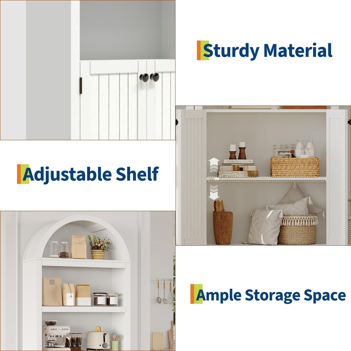 GarveeHome 72" Tall Arched Pantry Cabinet with Doors, 5-Tier Kitchen Pantry Cabinet with Adjustable Shelf & Black Handles, Wood Storage Cabinet for Dining Room, Kitchen, Living Room, White GarveeHome