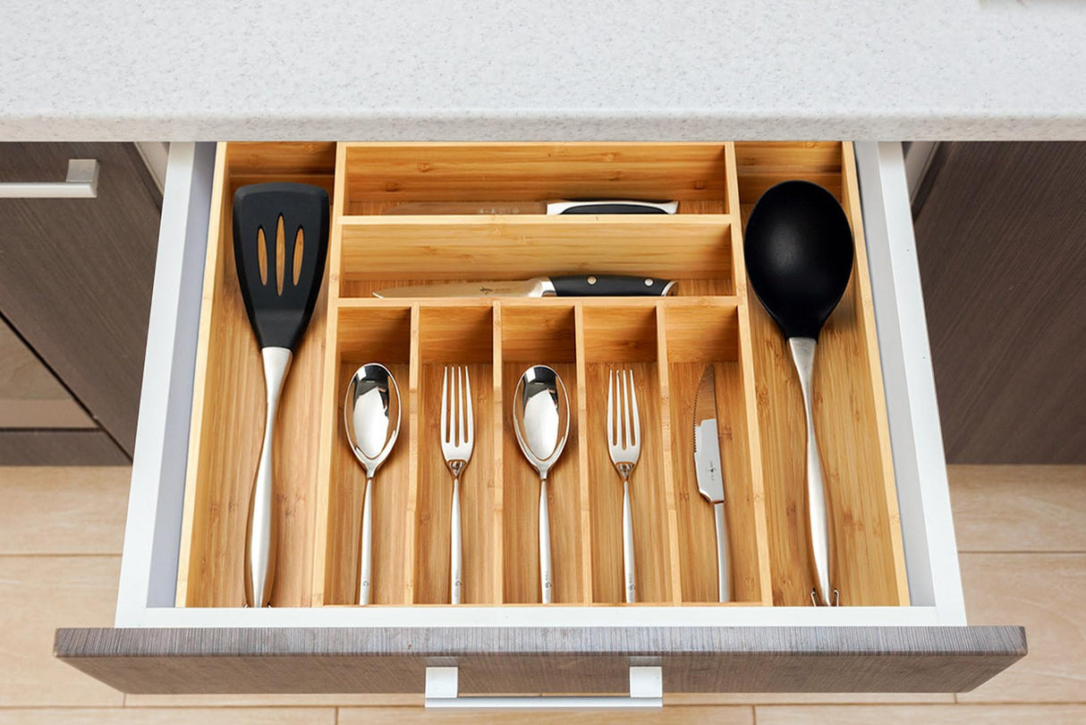 Umilife Large Expandable Kitchen Siverware Utensils Drawer Organizer, 2.5" Extra High Adjustable Drawer Divider with Curved Grooves, Bamboo Wood Cutlery Tray Flatware Holder Umilife