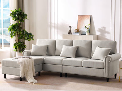 EDWINENE Convertible Sectional Couch Sofa for Living Room, Reversible L Shaped Couch with Chaise, 4-Seat Modular Large Couches with Storage Ottoman & 3 Pillows, Light Grey