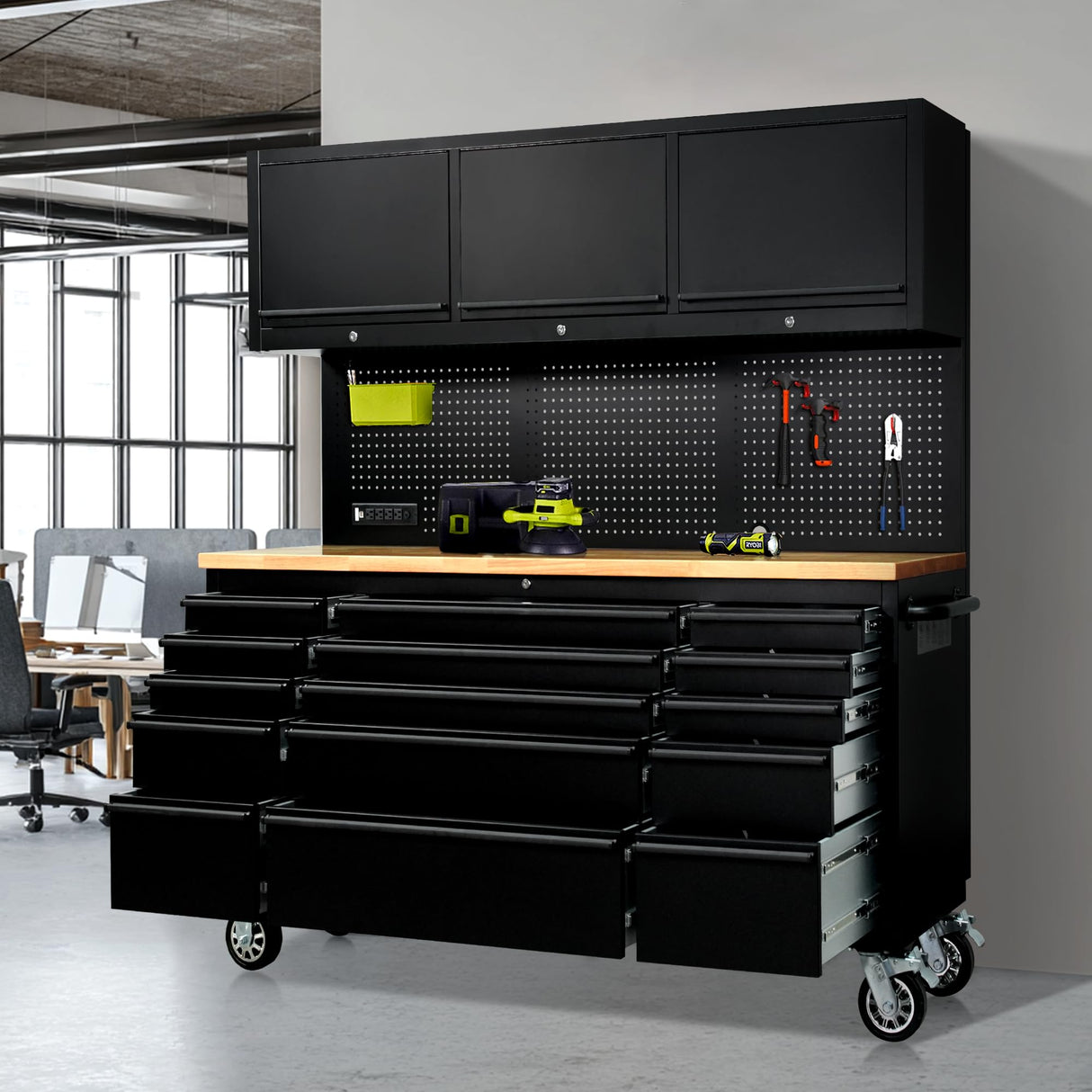 CT Copper Tailor 72-inch Rolling Tool Chest with Integrated Power Strip,15 Drawers and Wheels, Garage Workbench with Storage, 3 Upper Cabinets, Pegboard in Matte Black CT Copper Tailor