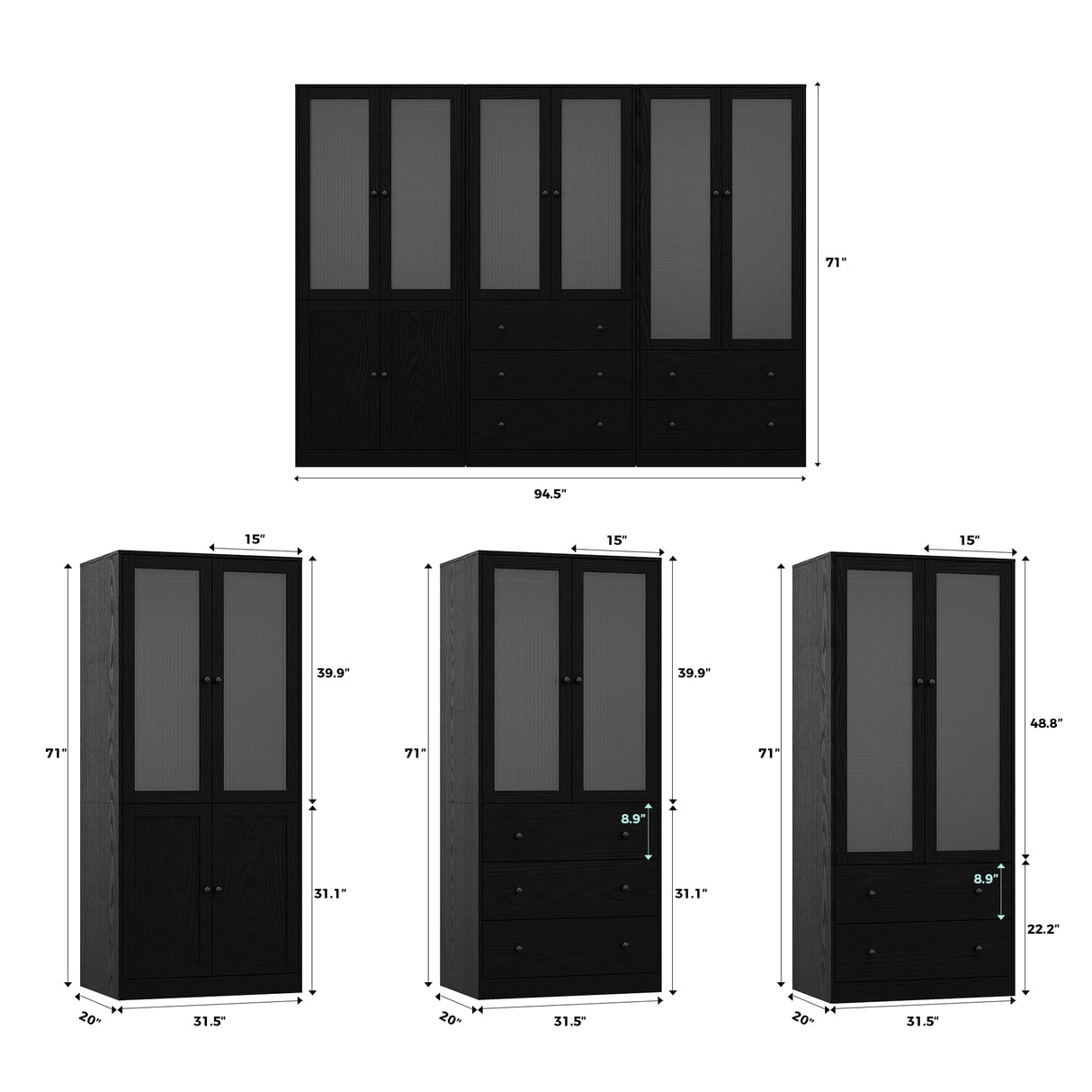 VOWNER 20“D Armoire Wardrobe Closet with Fluted Glass, 71" H Clothing Storage Cabinet with Hanging Rod, 4 Soft-Close Doors Wooden Wardrobe Cabinet for Bedroom, Large Capacity Storage Black(CCB) VOWNER