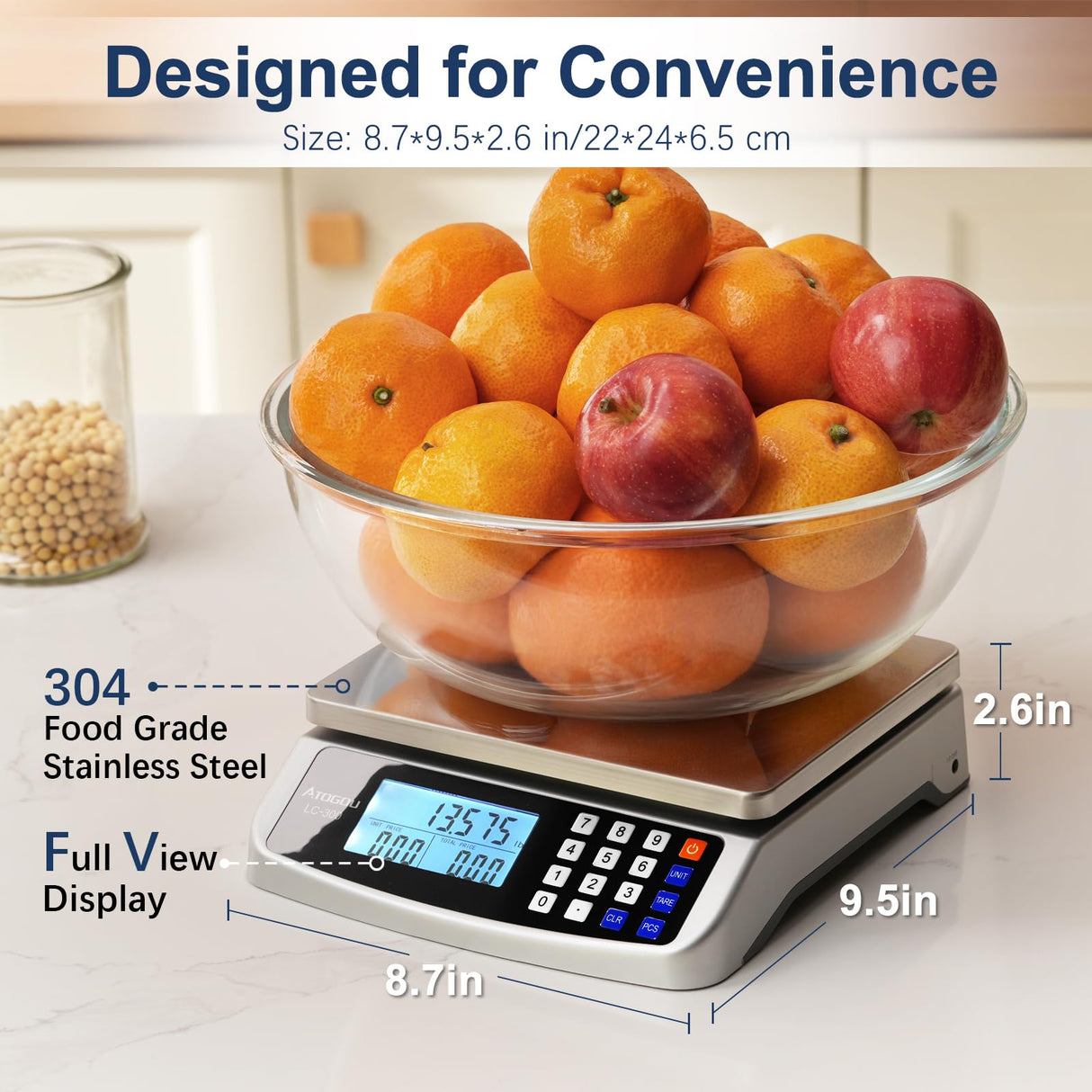 ATOGOU 66lb Food Scale, Commercial Kitchen Scale with Price Computing, Plug-in Usable, 0.05oz/1g, 304 Stainless Steel, for Cooking, Vegetables, Farm, Industry, Counting. LC300 Silver Atogou