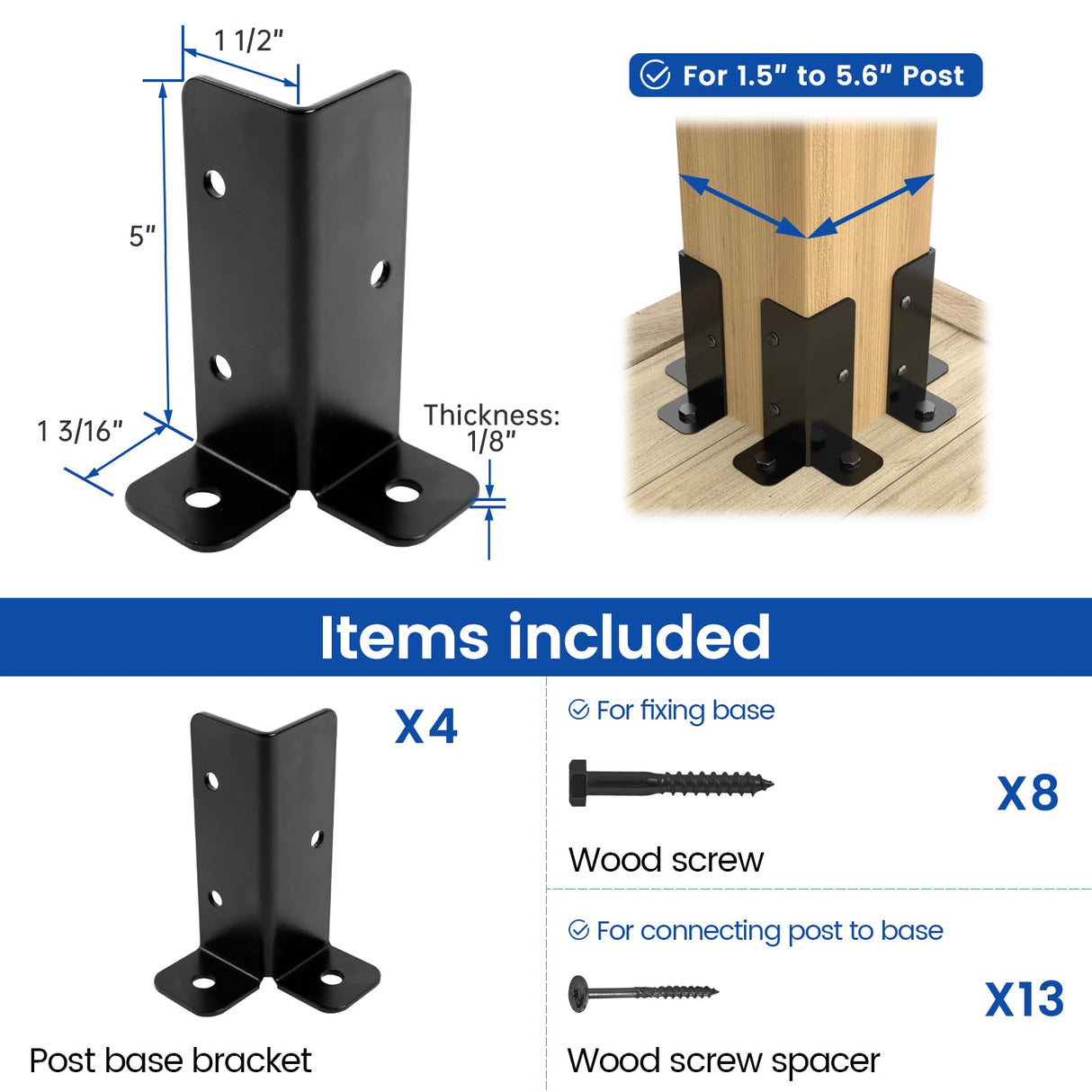 Muzata 4Pack Adjustable Post Base Brackets Deck Post Anchor Fit 1.5x1.5,2x2,2x4,4x4 Post Heavy Duty Wood Fence Pergola Post Base Support Black Half Column for Deck Railing Mailbox WT32 Muzata