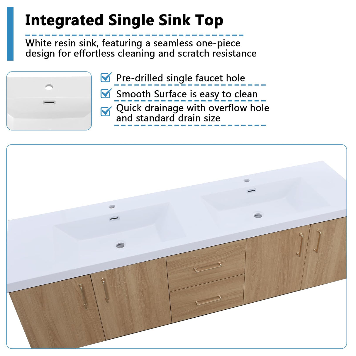 Dornberg 72" Floating Bathroom Vanity with Sink, Natural Oak Wall Mounted Bathroom Vanity with Integrated Double Sinks Combo, Single Sink Bath Vanity Set, Full Assembled Dornberg