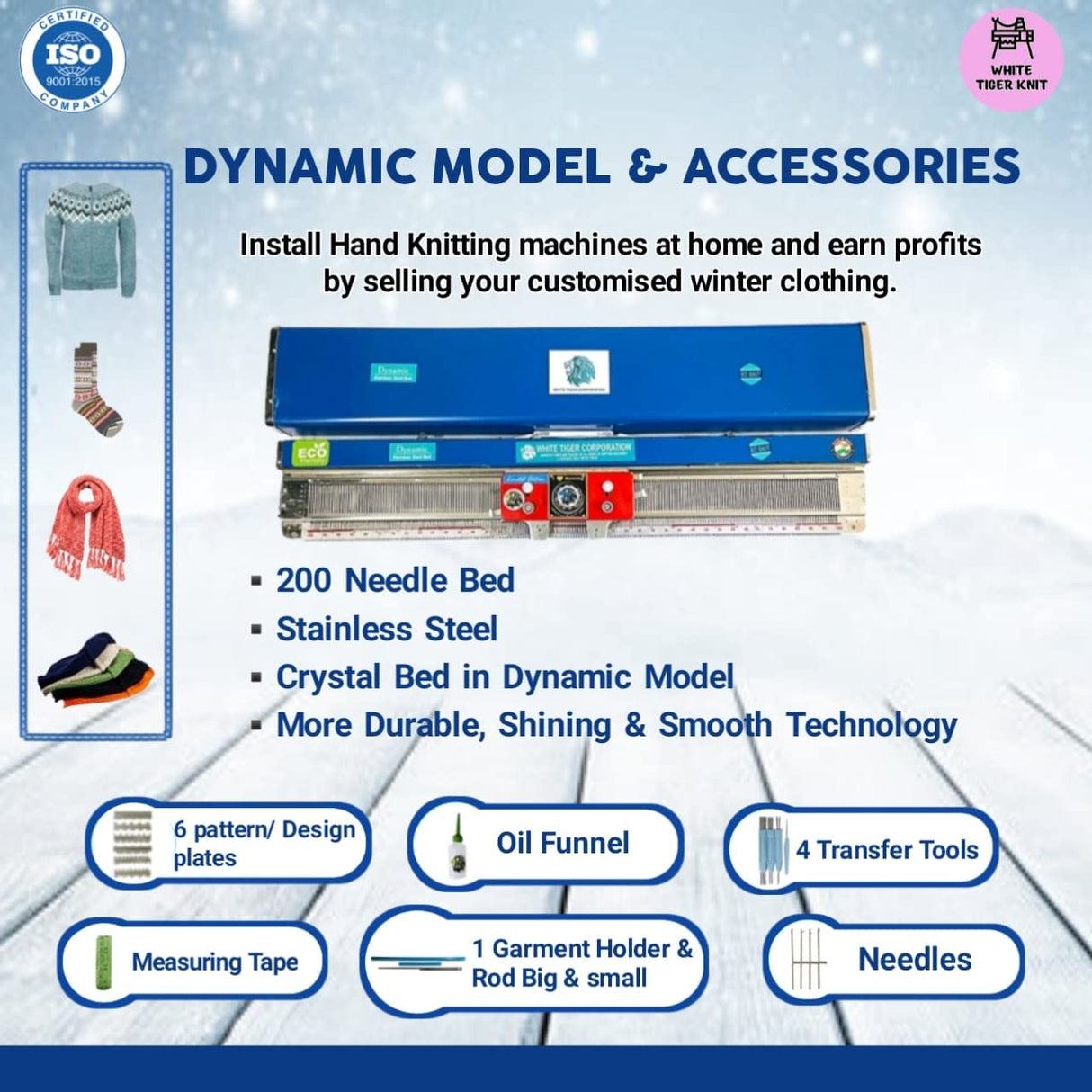 WHITE TIGER KNIT Wool Knitting Machine for Home, Dynamic Model with 180 SPM Sewing Speed, Your Favorite Designs of Cap, Hat, Top, Muffler, Shawl, Scarf, Sweater & Socks at Beginners Kit, 55x16x8 CM WHITE TIGER KNIT