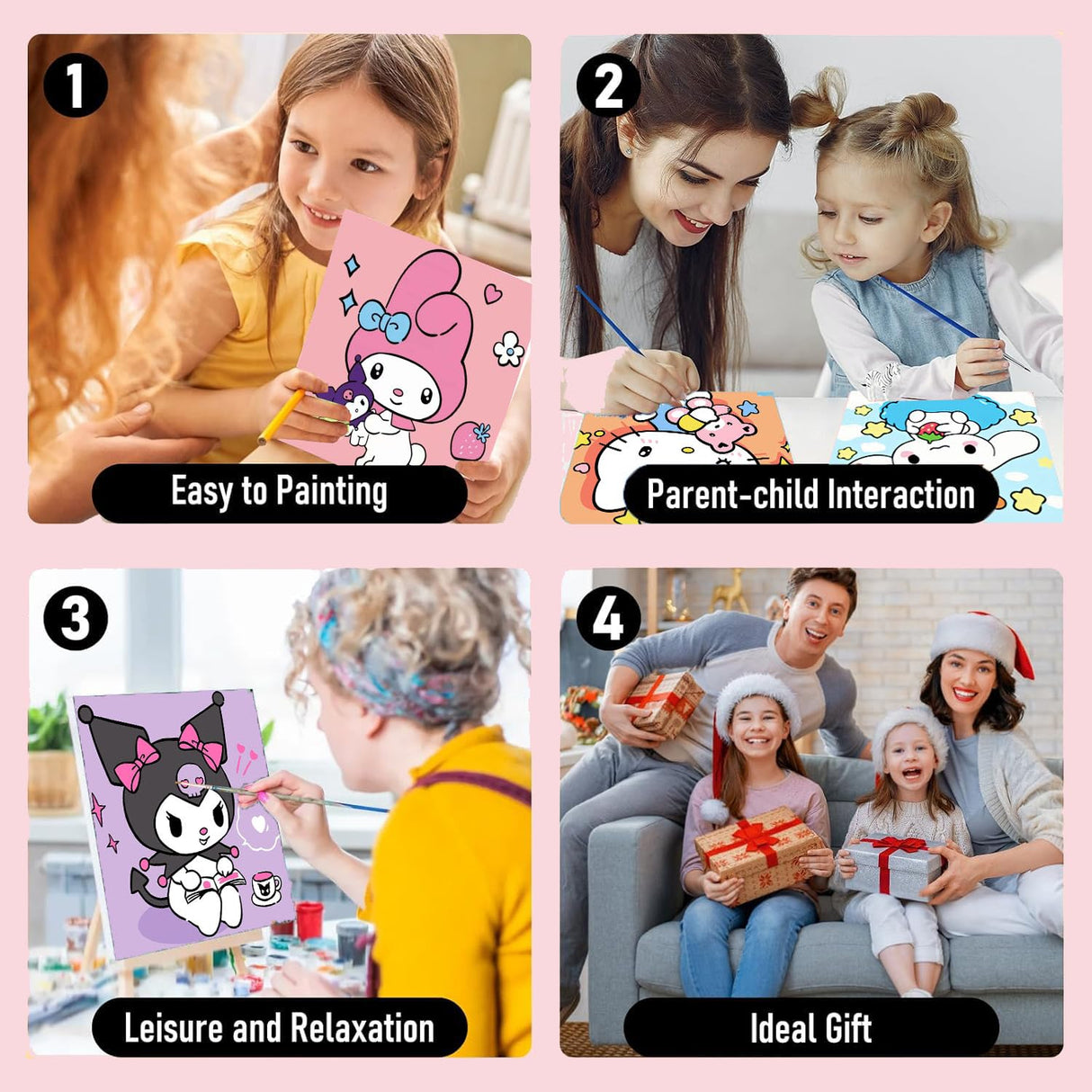 Sretoul 4 Pack Cartoon Paint by Numbers Kit for Kids with Frame - Wooden Easel, Cute Kids Paint by Numbers Ages 4 8 12, DIY Acrylic Oil Painting for Home Wall Decor (8x8 inch) Sretoul