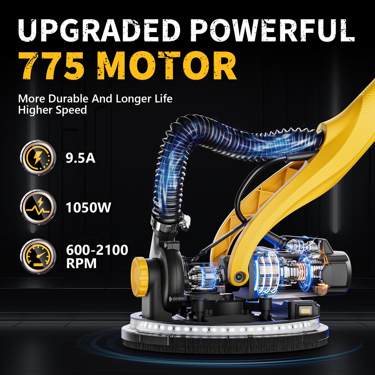 Drywall Sander, 1050W Electric Drywall Sander with Vacuum Dust Collection, 2100RPM Wall Sander with 7 Variable Speed, Foldable & Extendable Handle, Double-Deck LED Light, Dust Bag and Hose Alloyman