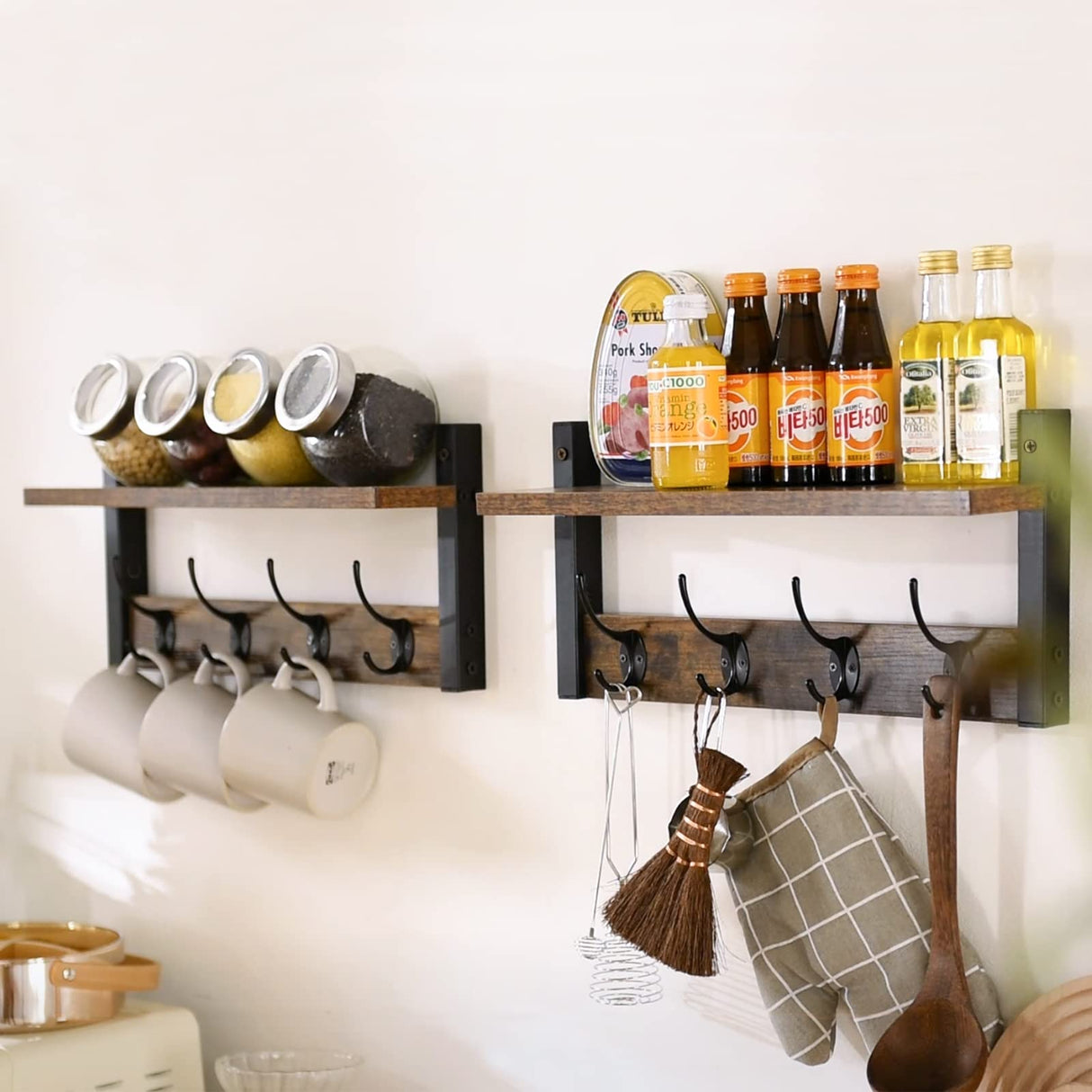 YMYNY Coat Rack Shelf Wall Mounted, Coat Hooks Set of 2, Entryway Coat Hanger with 8 Hooks, 31.5" Wall Floating Shelf with Hat Rack, for Kitchen, Bedroom, Bathroom, Rustic Brown UHWS001H-2 YMYNY