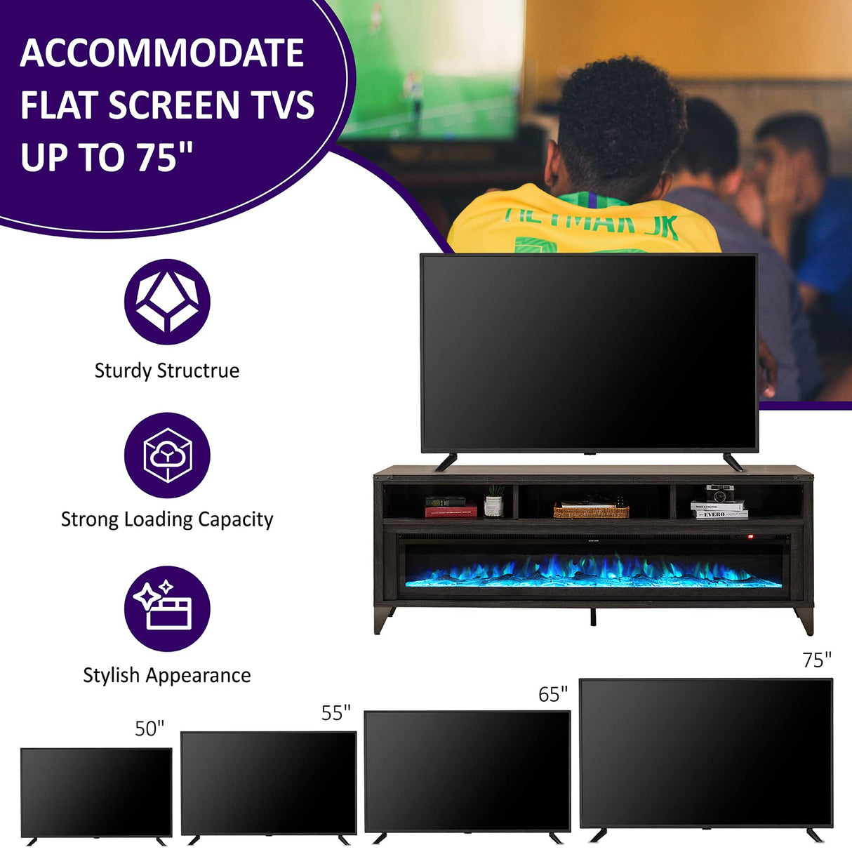 AMERLIFE 65" Fireplace TV Stand with 60" Glass Electric Fireplace, Industrial & Farmhouse Media Entertainment Center with Open Shelve Storage for TVs Up to 75", TV Console for Living Room, Gray AMERLIFE