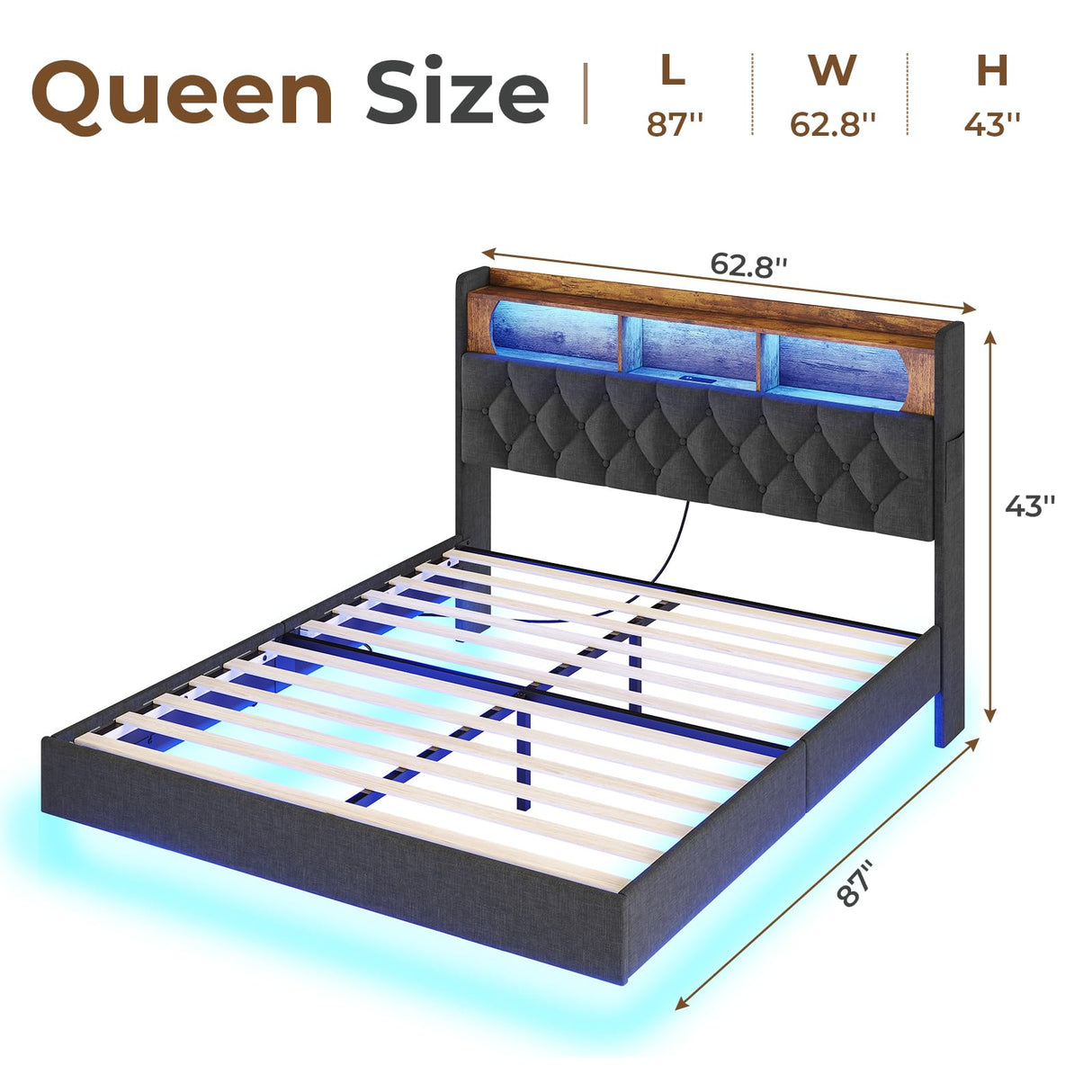 Floating Queen Bed Frame with RGB LED Headboard, USB Ports & Storage - ADORNEVE Dark Gray Upholstered Platform ADORNEVE