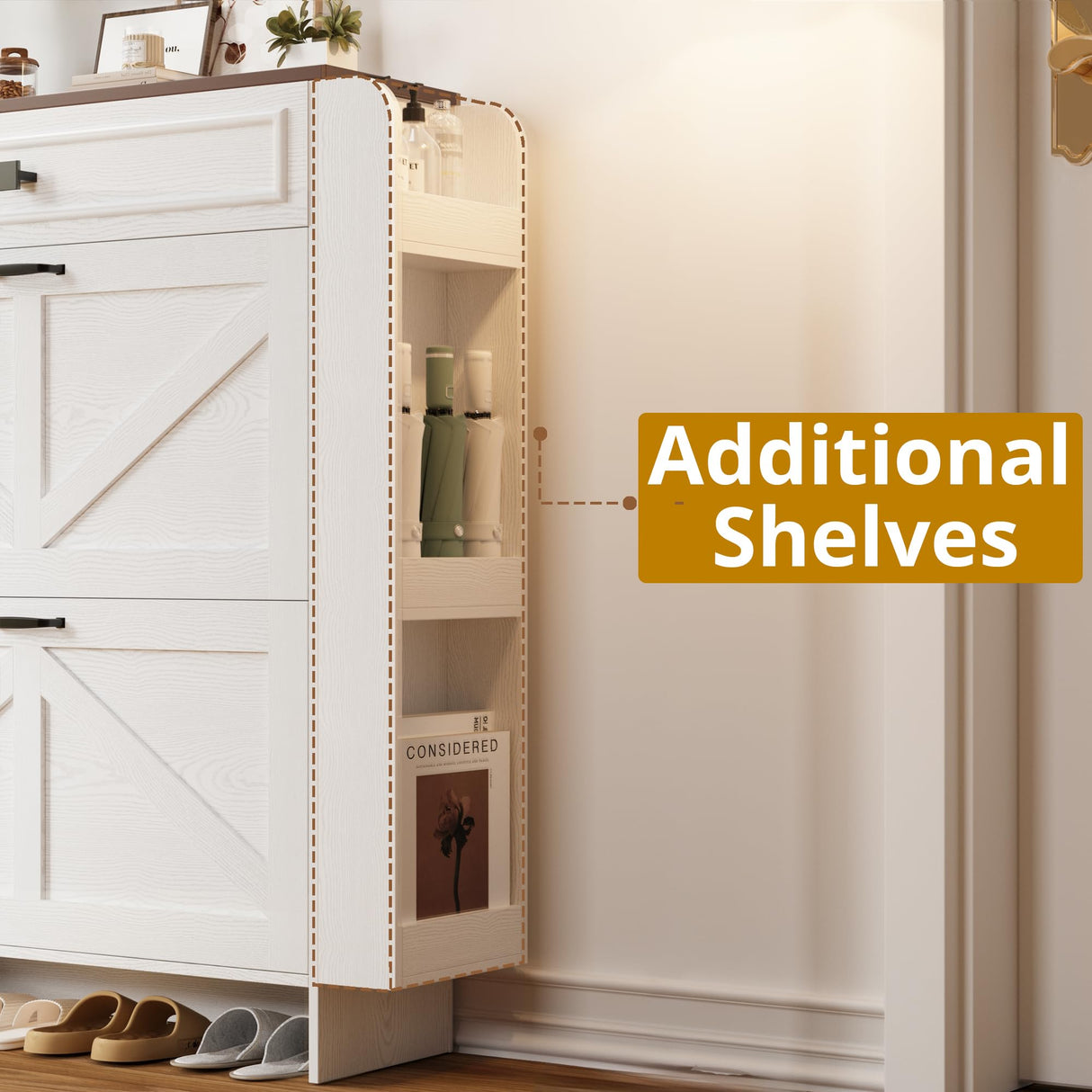 IRONCK Shoe Storage Cabinet with 2 Flip Drawers & Barn Door Design, Freestanding Shoe Cabinet Organizer with Drawer and Shelves for Entryway, Farmhouse Shoe Rack Cabinet, White/Walnut IRONCK