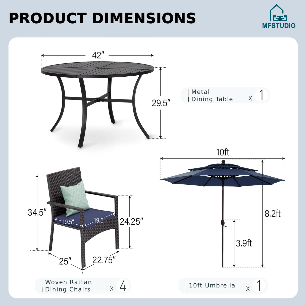 MFSTUDIO 5 Pieces Outdoor Dining Sets for 4, 42'' Round Metal Table with Chairs & 10ft Umbrella, Patio Outdoor Dining Furniture with Umbrella for Deck, Porch MFSTUDIO