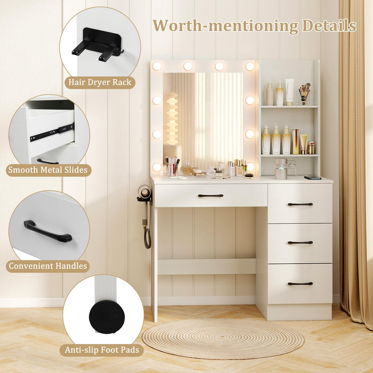 CHARMAID Vanity Desk with Mirror and Lights, White Makeup Vanity Desk with 4 Large Drawers, 2 Storage Shelves, Charging Station, 3-Color Lights Adjustable, Modern Vanity Dressing Table for Bedroom CHARMAID