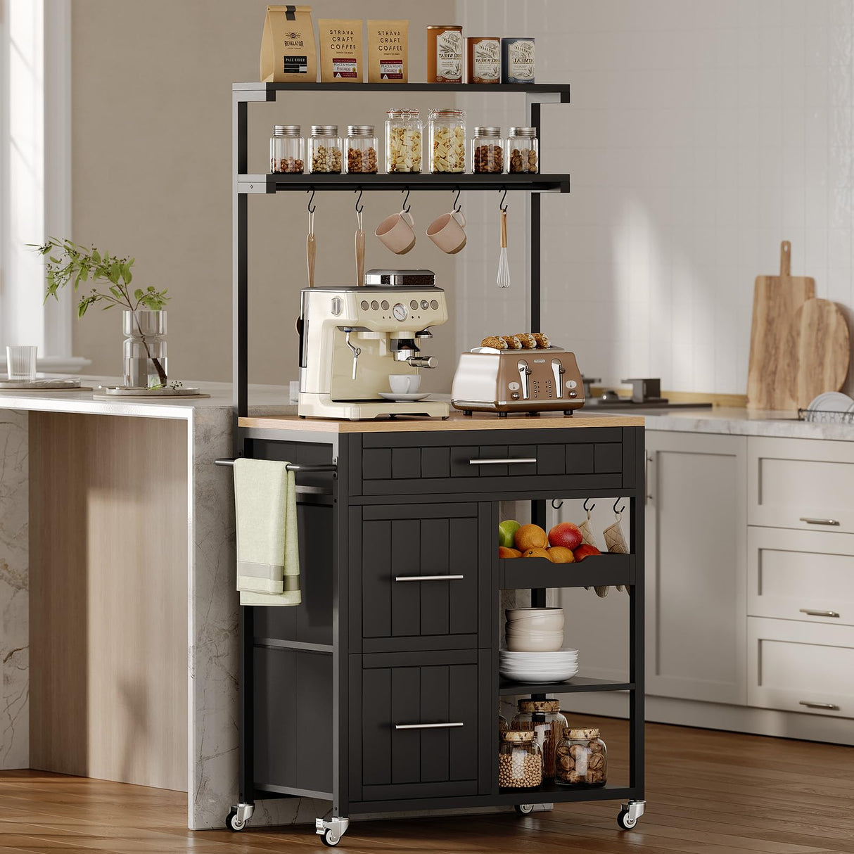 Itaar Kitchen Island with Storage, Rolling Kitchen Island Cart with Shelves and Drawers, Towel Rack, 8 S Hooks, Kitchen Cart on Wheels, for Home, Dining Room, Black Itaar