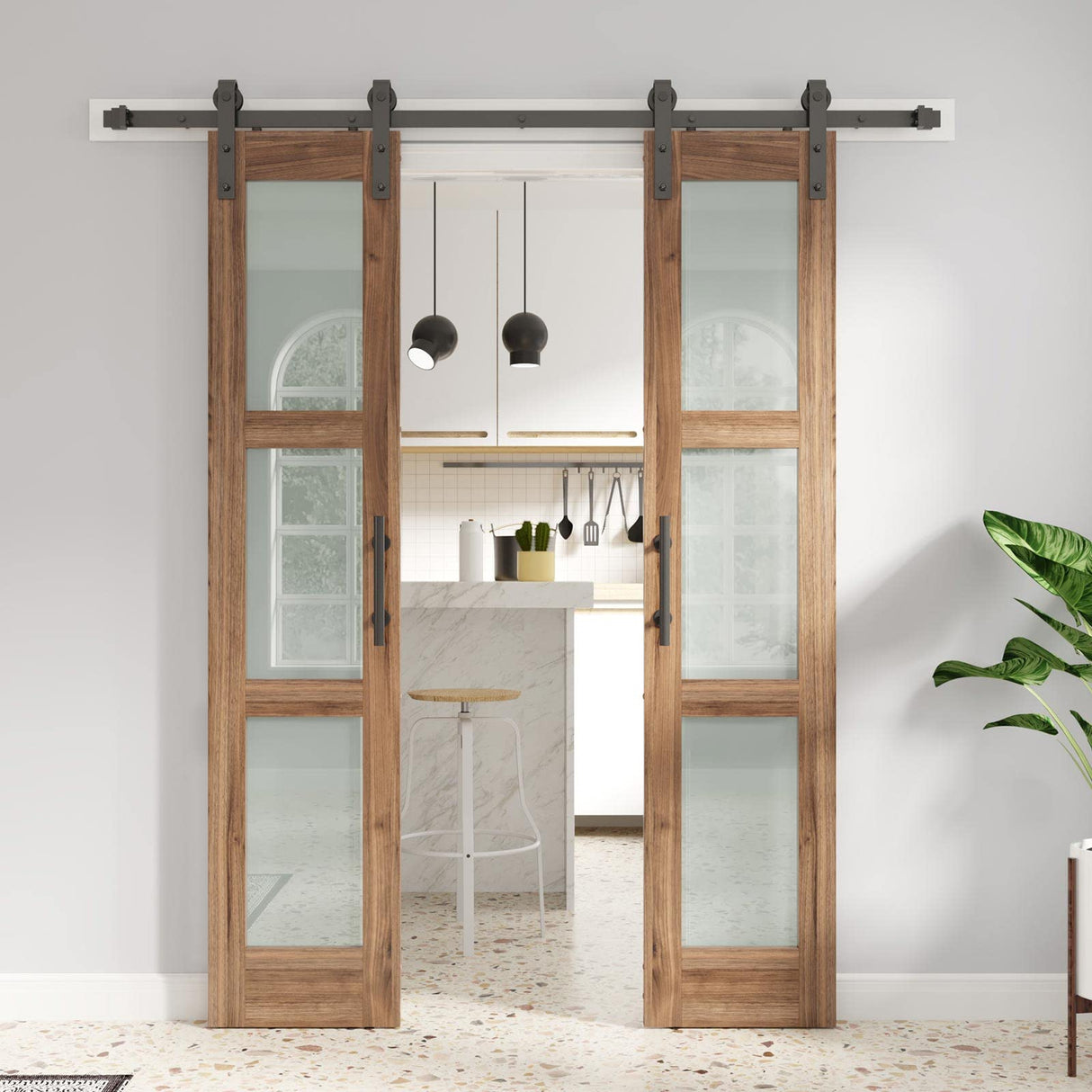 FREDBECK Double 18 x 84 inch Glass Barn Doors 36inch Barn Door with 6.6FT Hardware Kit & Handle Included,3-Panel Frosted Glass,LVL Wood Panel,Water-Proof PVC Surface,Pre-Drilled Holes,Need Assembly FREDBECK